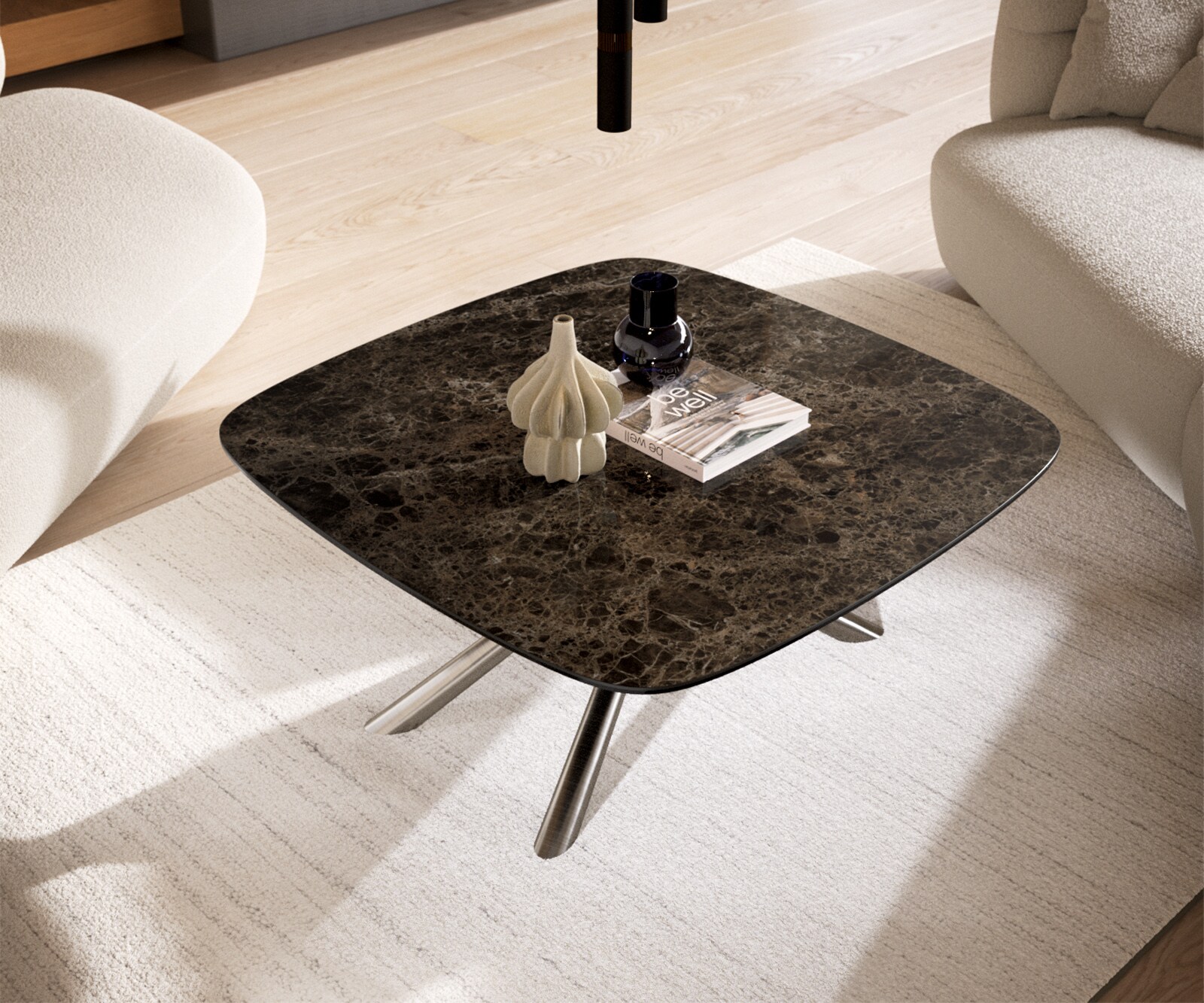 Salontafel Edge Boot 90x90 cm keramiek Laminam® Emperador Extra Lucidato donkerbruin Sarity geborsteld roestvrij staal 3