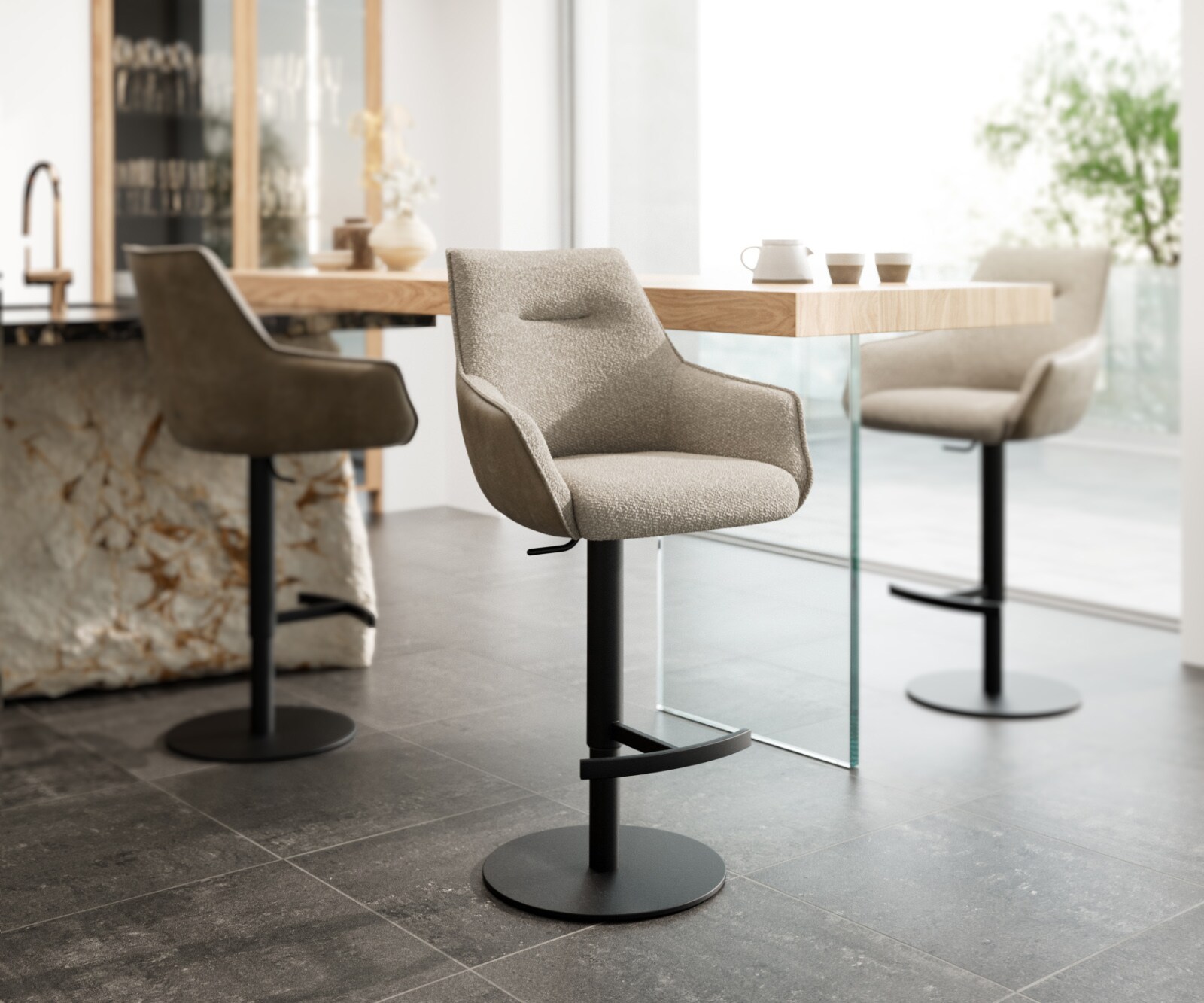 Barstoel Alja-Flex materiaalmix microvezel Mud / bouclé Mud draaivoet in hoogte verstelbaar metaal zwart draaibaar pocketvering 1