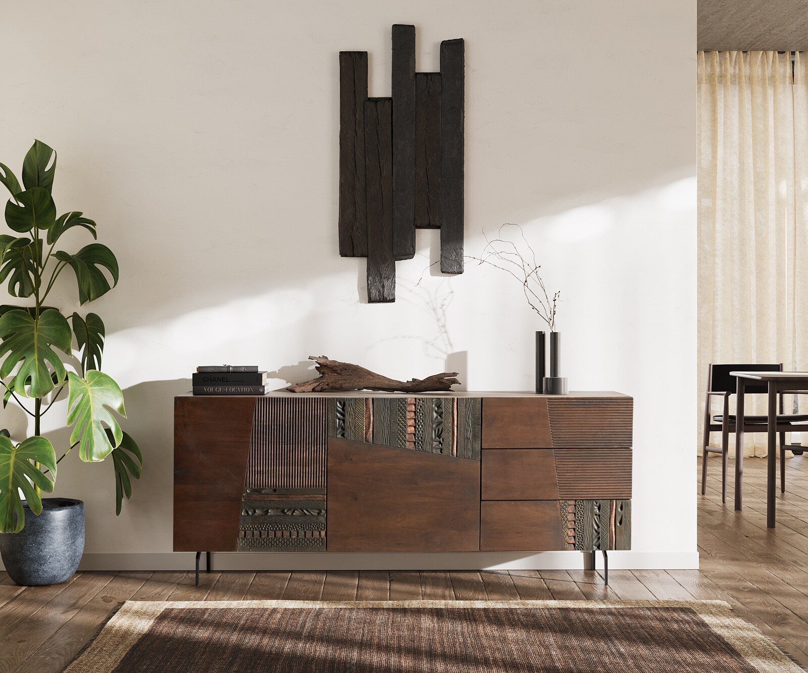 Dressoir Imara 175 cm mango bruin 2 deuren 3 lades hoekpoot metaal zwart 2