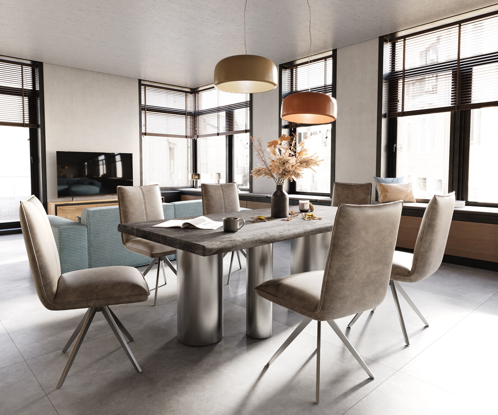 Eettafel Edge 200x100 XL acacia Platin Troa RVS geborsteld Live-Edge 5