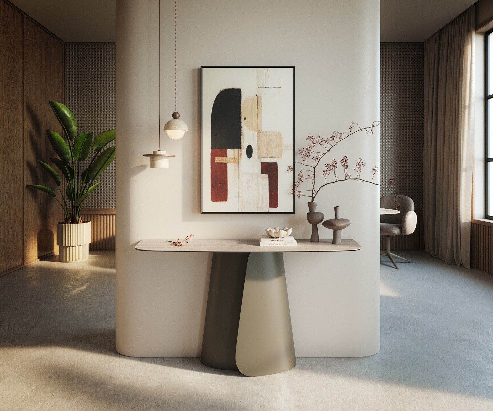 Consoletafel Edge Bootvorm 140x40 cm Keramiek Laminam® Travertino Bianco Creme-Weiß Livos Metaal Effektfinish Titan 1
