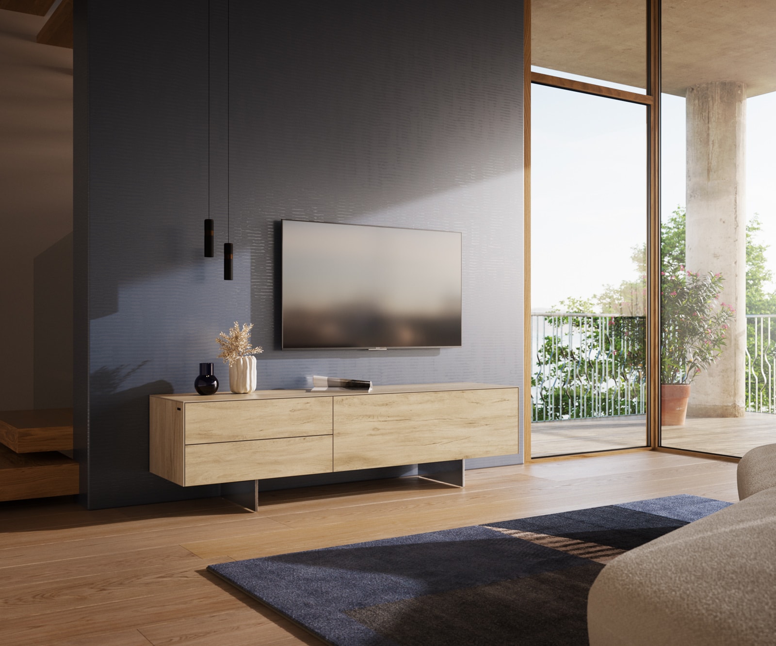 Tv-meubel Cuor 180 cm Keramiek Laminam® Sabbia Eiken gekleurd 1 Flap 2 Laden Zwevende voet look Roestvrij staal