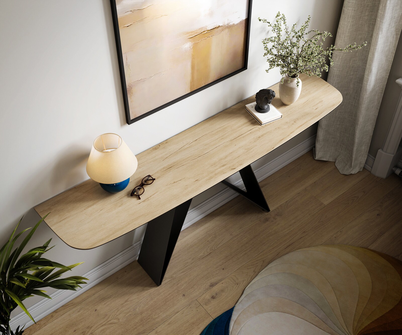 Consoletafel Edge Bootvorm 180x40 cm Keramiek Laminam® Sabbia Eichefarbig Velio Metaal Zwart 2