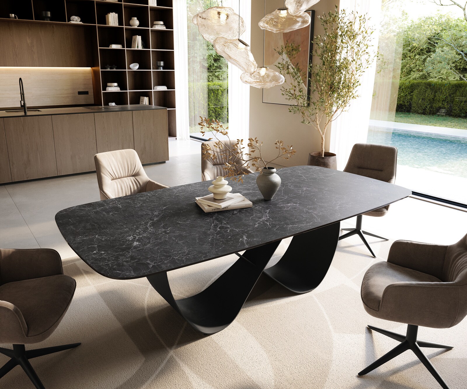 Eettafel Edge Boot 240x120 cm Keramiek Laminam® Nero Greco Anthrazit Infinity Metaal Zwart