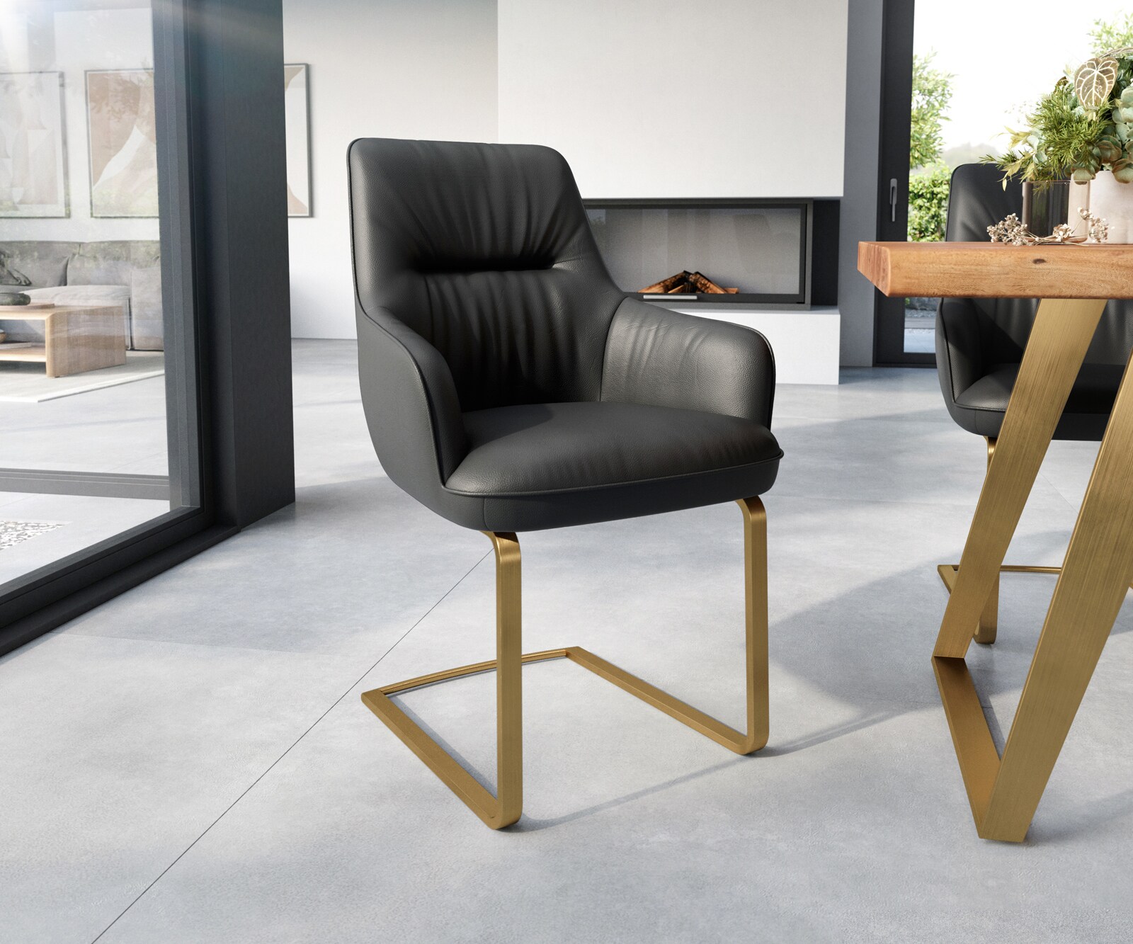 Sledemodel Zelia-Flex met armleuning echt leer zwart sledemodel vlak goud pocketveer kern