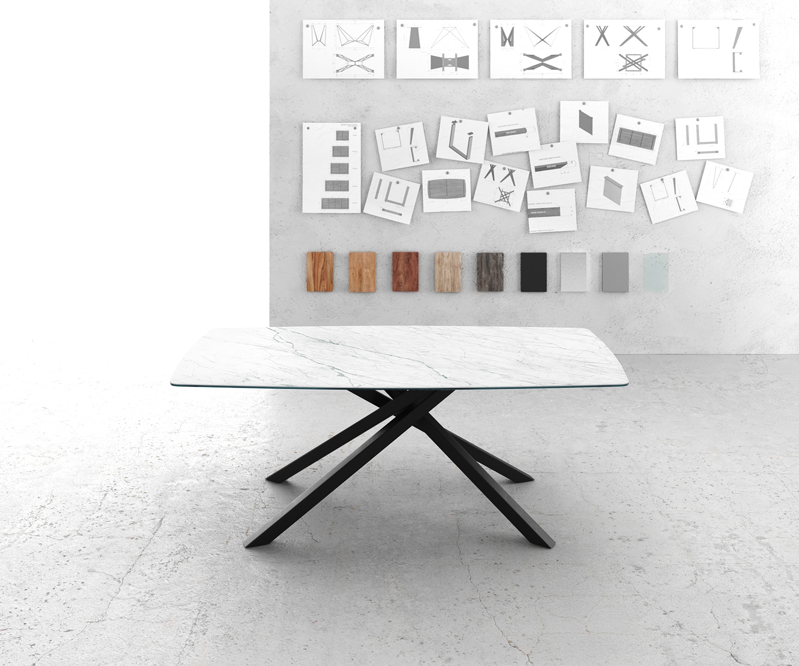 Eettafel Edge Bootsform 200x100cm Laminam® keramiek wit middenpoot kruis zwart 1 Eettafel Edge Bootsform 200x100cm Laminam® keramiek wit middenpoot kruis zwart 1