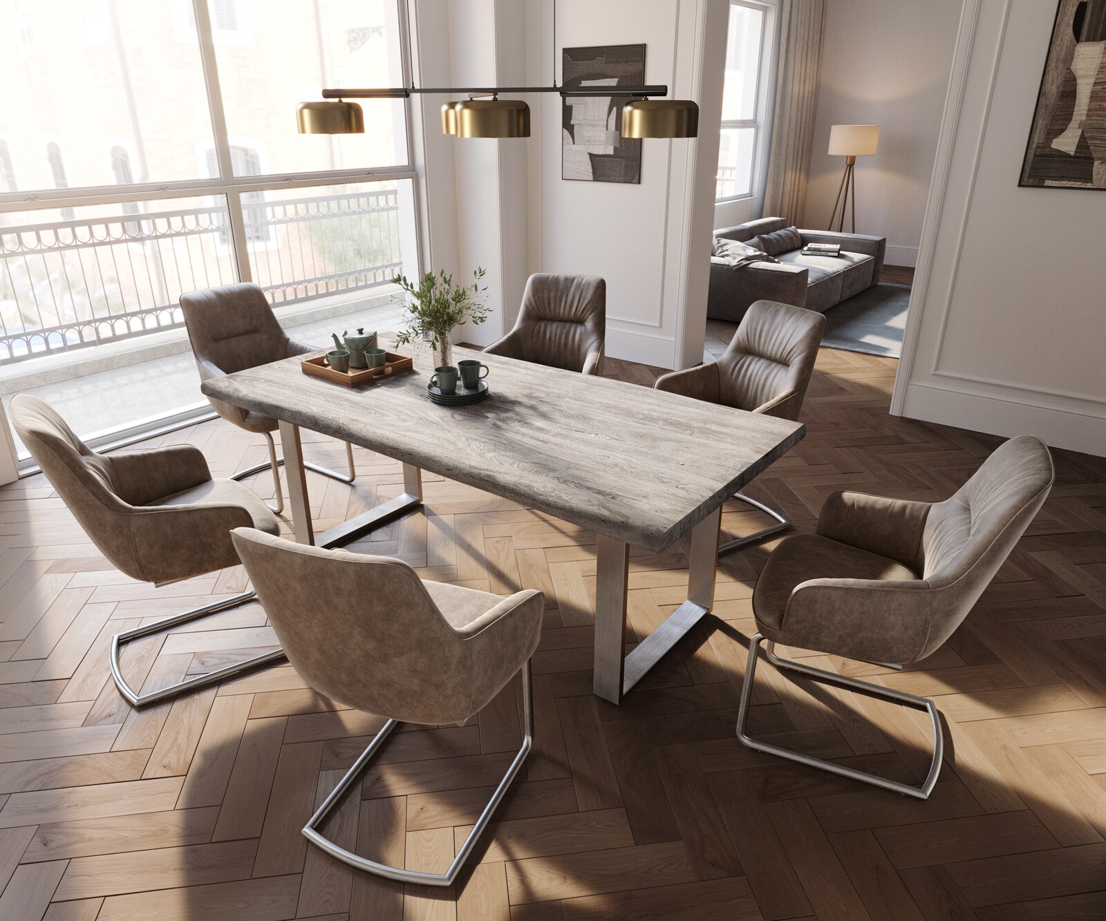 Sledemodel Zelia-Flex met armleuning microvelours taupe vintage sledemodel rond roestvrij staal pocketveer kern 3