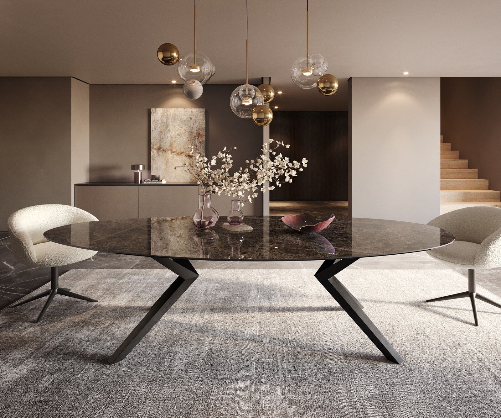 Eetkamertafel Edge ovaal 280x130 keramiek Laminam®Emperador Extra Lucidato donkerbruin Zenthara hoekig metaal zwart 2