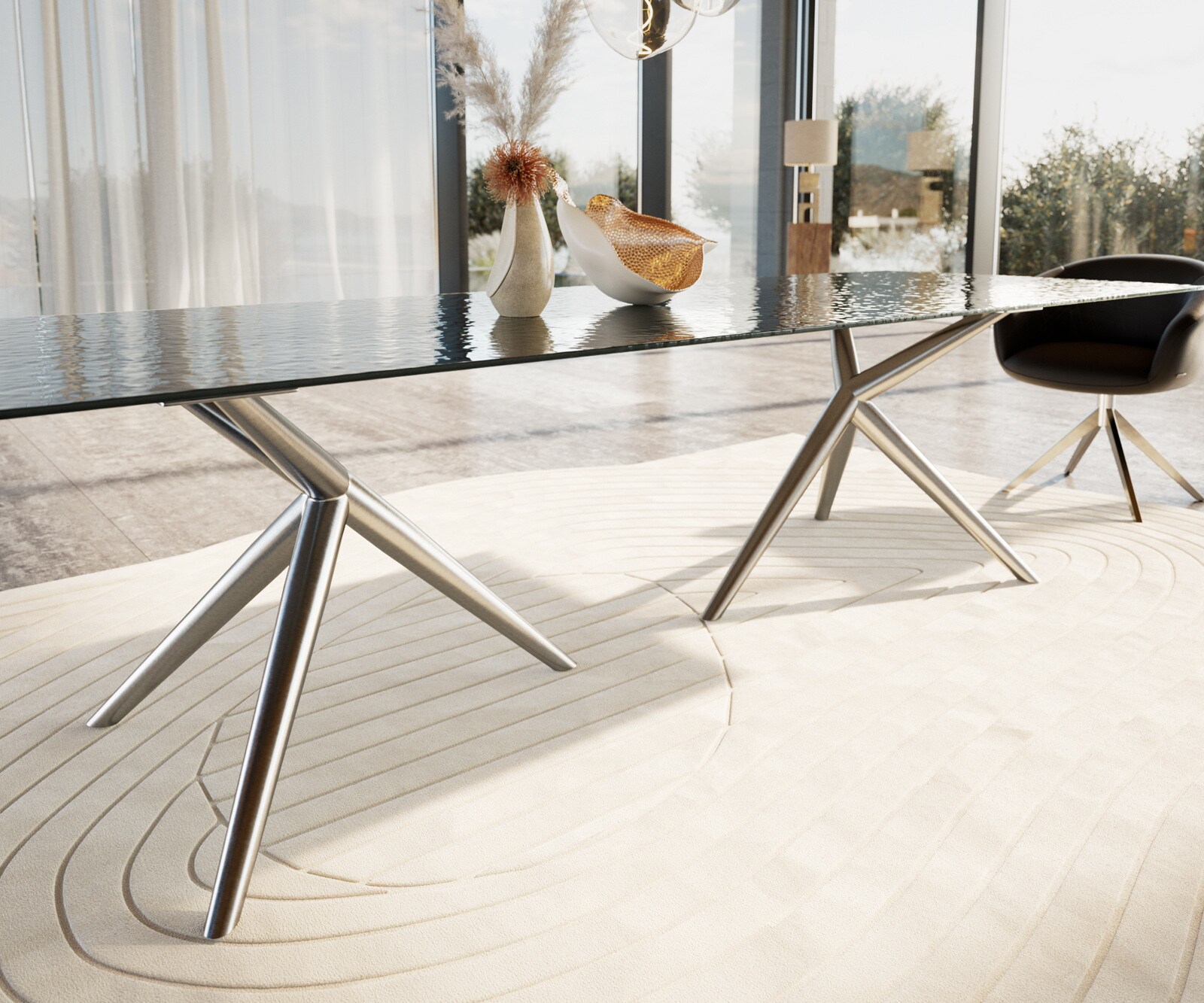 Eettafel Edge 300x100 Reliefglas zwart 3D-Design Estelar rond  roestvrij staal 4