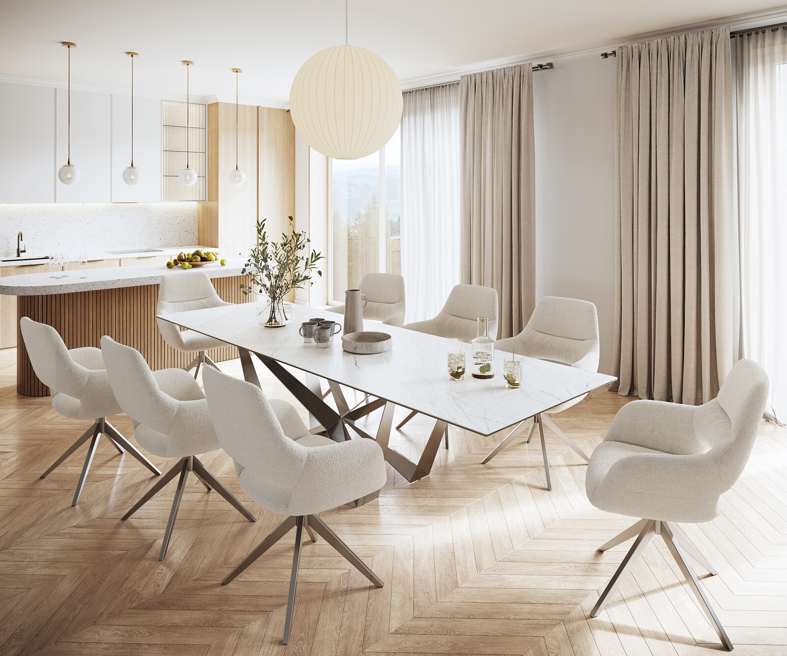 Eettafel Edge 300x100cm Laminam® keramiek wit middenpoot vlak staal zilver 6