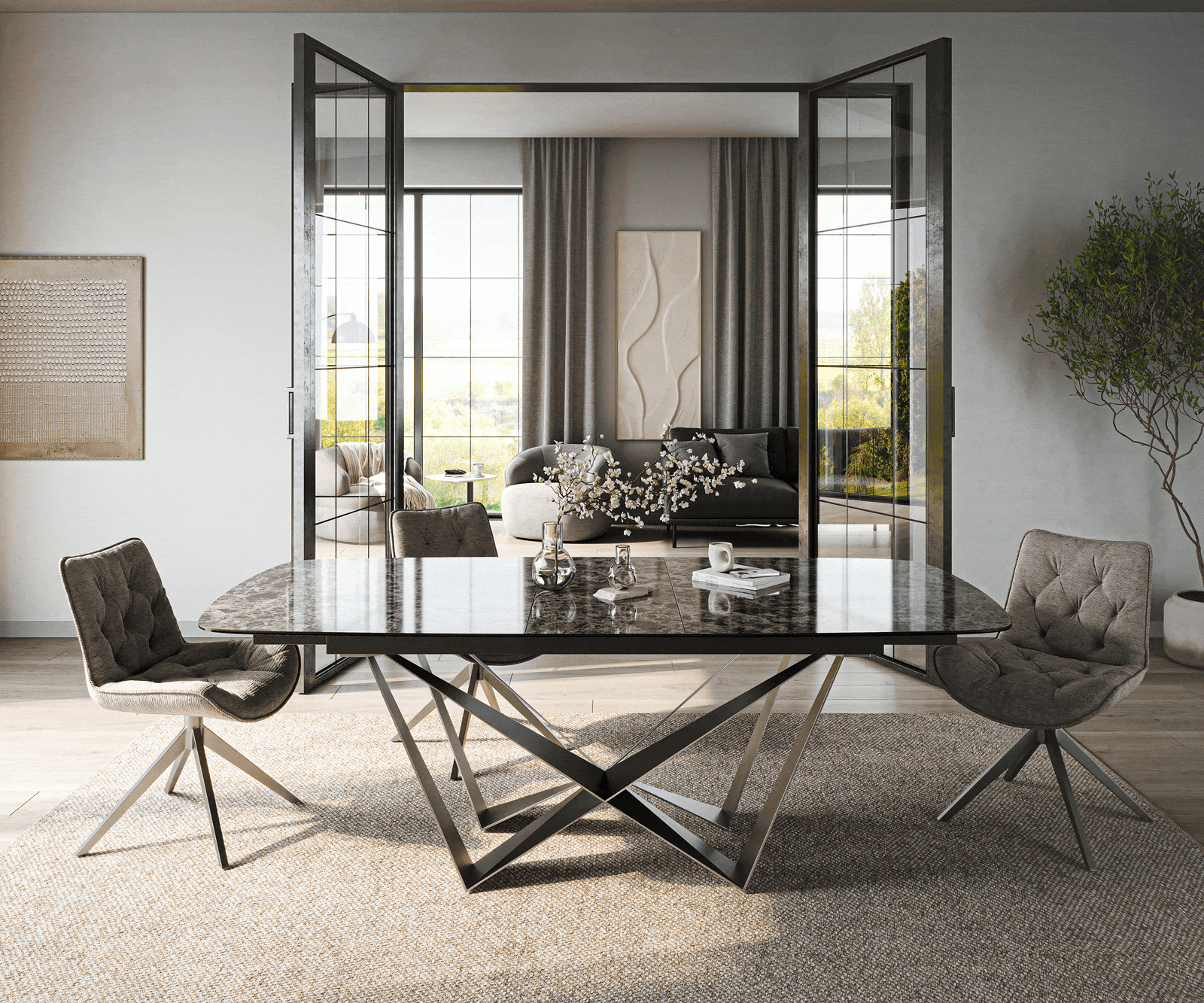 Eettafel Edge Boot 180-220x100 cm Keramiek Emperador Extra Lucidato Donkerbruin Spider Platstaal Roestvrij staal Grafiet uitschuifbaar 2
