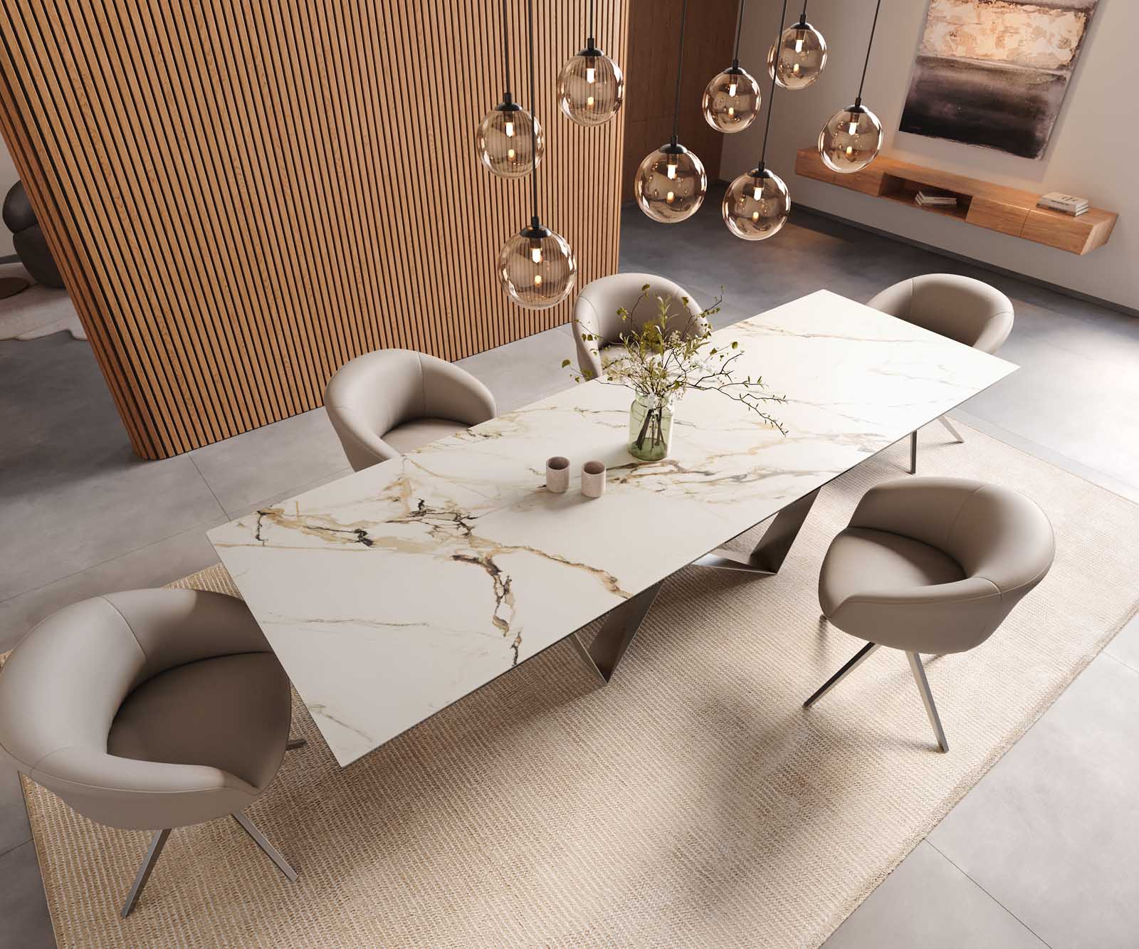 Eetkamertafel Edge 300x100 keramiek Calacatta Luxe wit-goud-grijs spider vlak staal RVS 6
