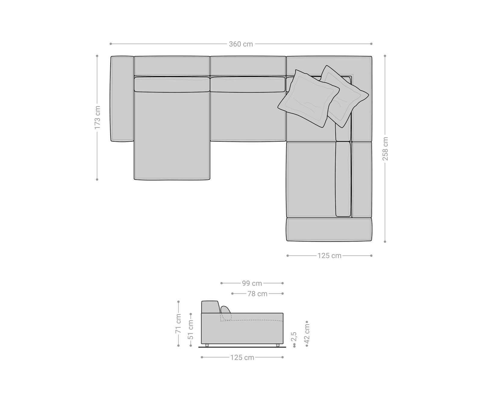 Woonkamerlandschap Sirpio XL 360x260 cm koord zilvergrijs recamiere variabele 8