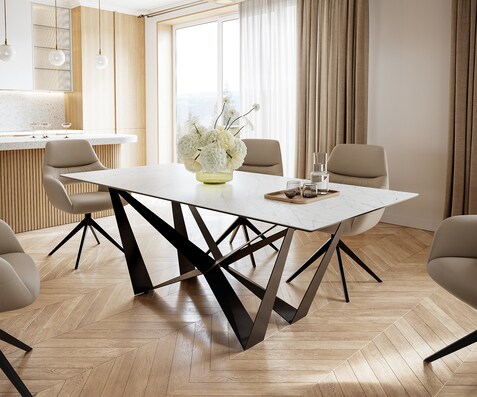 Eettafel Edge 200x100cm Laminam® keramiek wit middenpoot vlak staal zwart