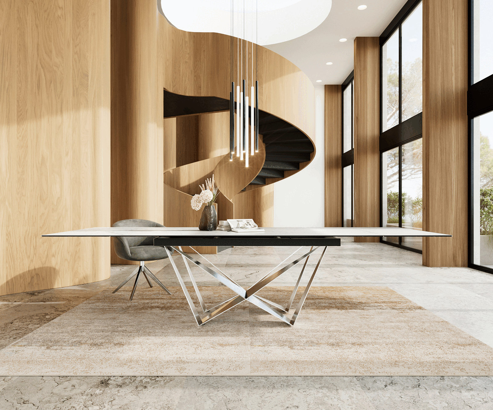 Eetkamertafel Edge 200-300x100 keramiek Laminam®Statuarietto Weiß spider vlak staal RVS uitschuifbaar 2