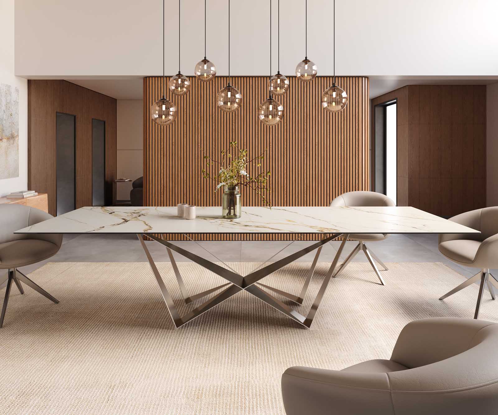 Eetkamertafel Edge 300x100 keramiek Calacatta Luxe wit-goud-grijs spider vlak staal RVS 2