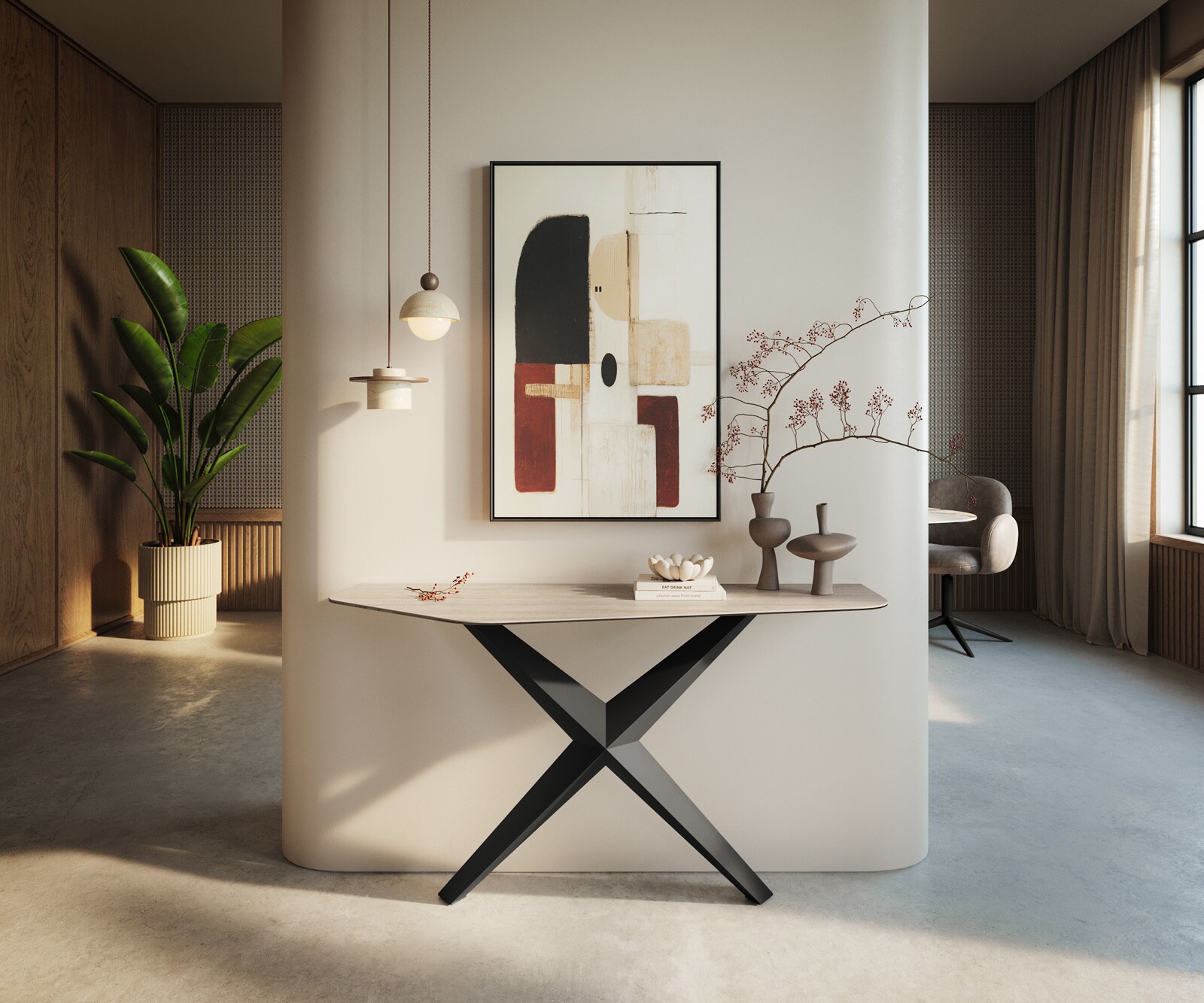 Consoletafel Edge Polygonaal 140x50 cm Keramiek Laminam® Travertino Bianco Creme-Weiß Zentharo Metaal Zwart 4