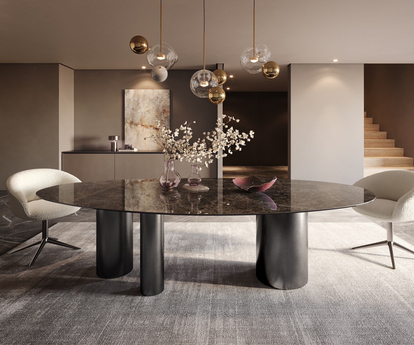 Eetkamertafel Edge ovaal 280x130 keramiek Laminam®Emperador Extra Lucidato donkerbruin Troa roestvrij staal grafiet 2
