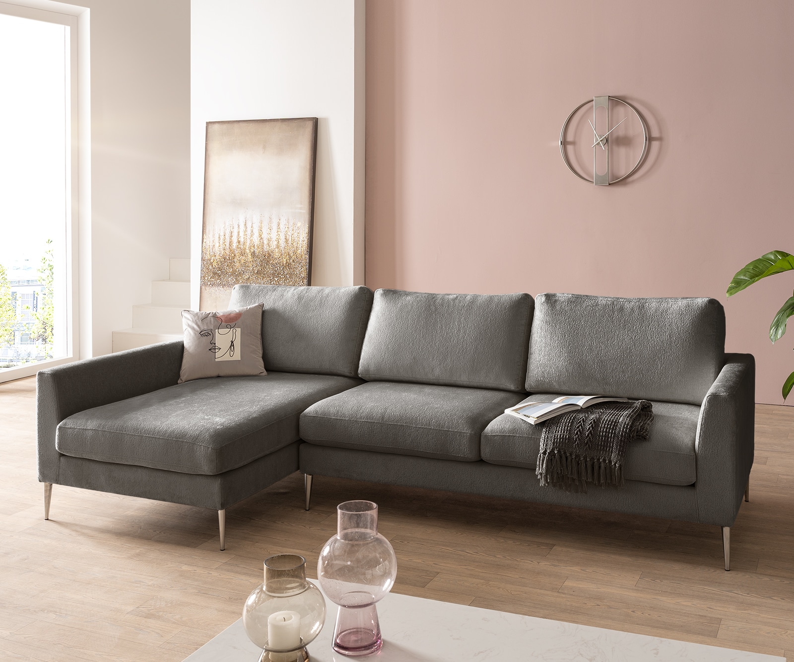 Hoekbank Marla 285x140 cm Chenille Taupe voetenbank links