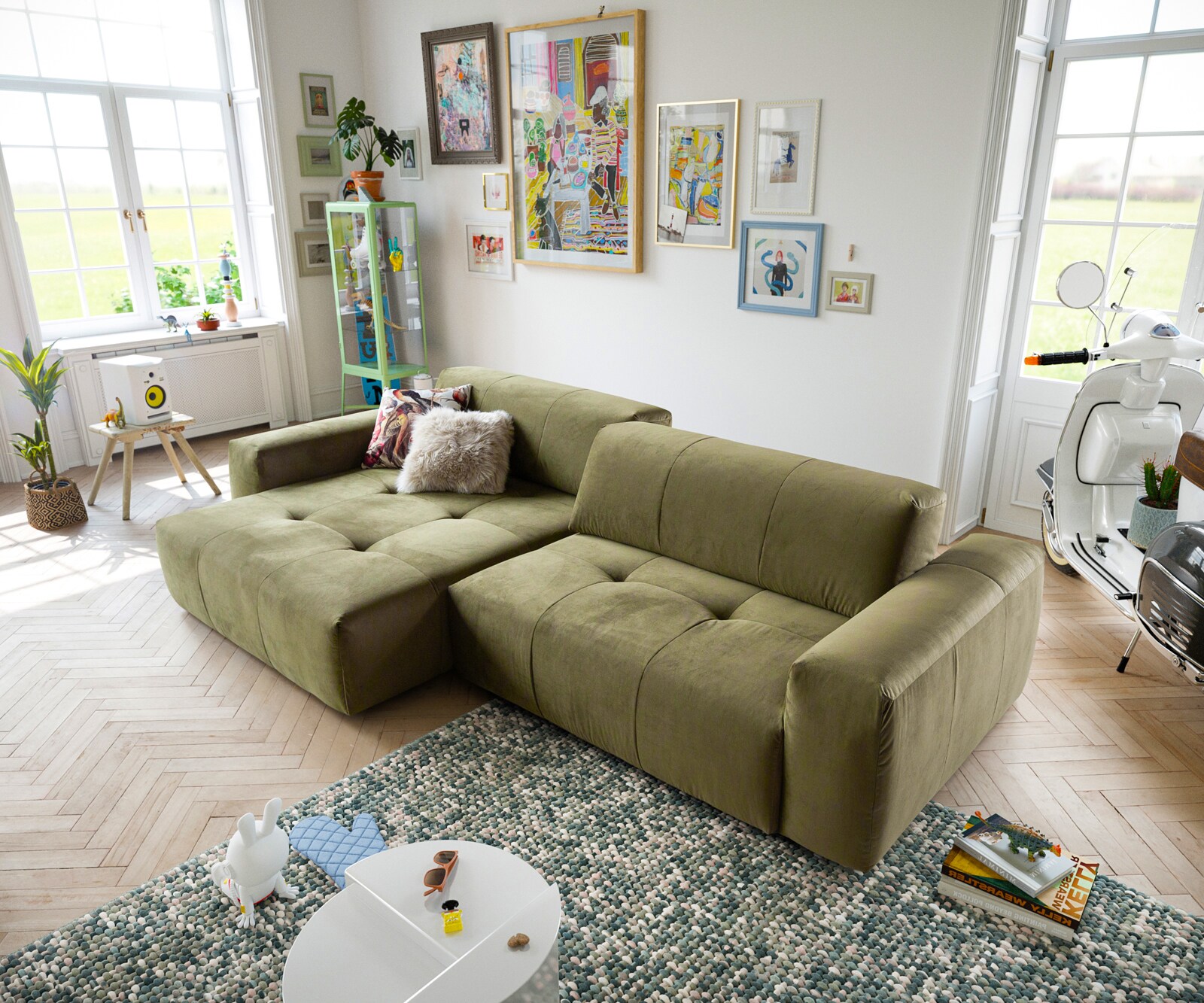 Hoekbank Lazaro 300x160 cm Fluweel olijf ottomaan Links met zitdiepteverstelling 4 Hoekbank Lazaro 300x160 cm Fluweel olijf ottomaan Links met zitdiepteverstelling 4