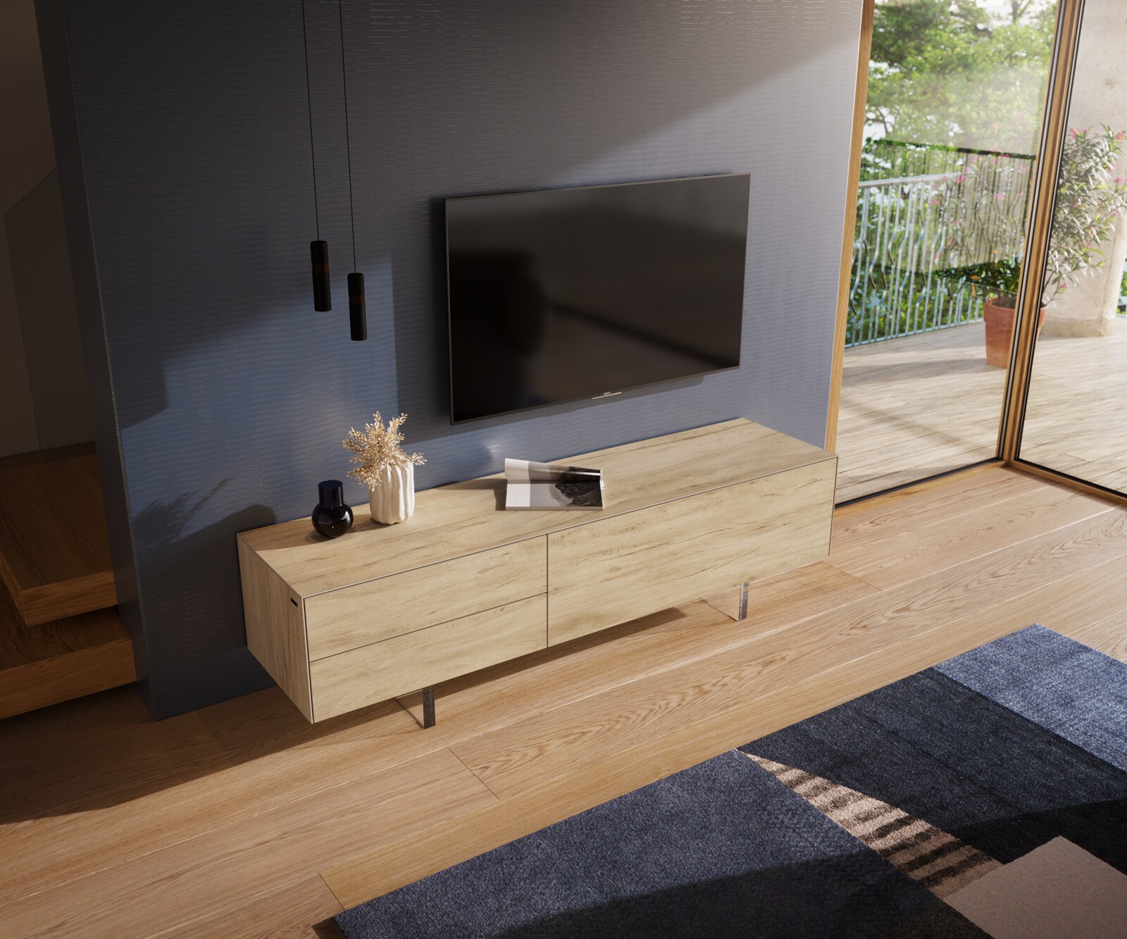 Tv-meubel Cuor 180 cm Keramiek Laminam® Sabbia Eiken gekleurd 1 Flap 2 Laden Zwevende voet look Acrylglas 3