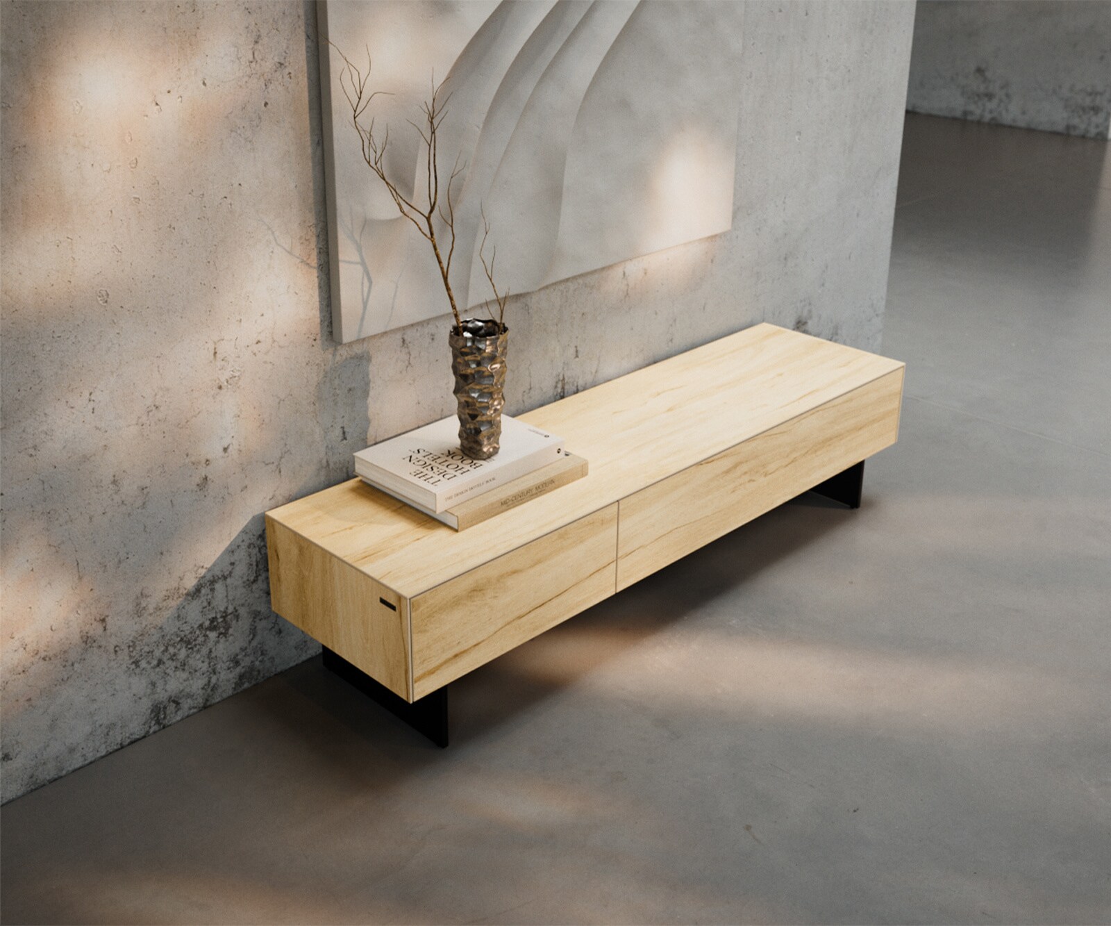 Tv-meubel Cuor 150 cm Keramiek Laminam® Sabbia Eiken gekleurd 1 Flap 1 Lade Zwevende voet look Metaal Zwart 3