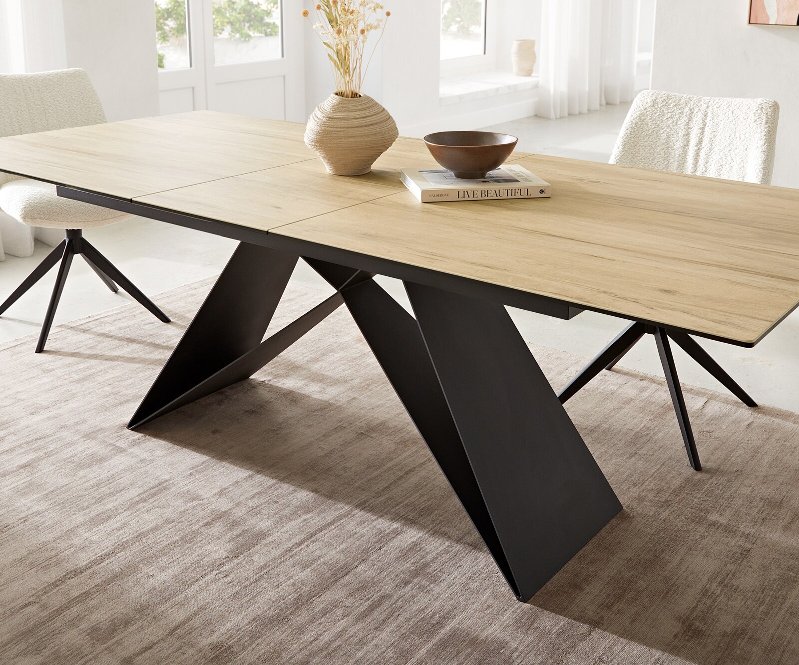Eetkamertafel Edge 180-220x100 keramiek Laminam® Sabbia eiken kleur V-frame vlak staal zwart uitschuifbaar 6