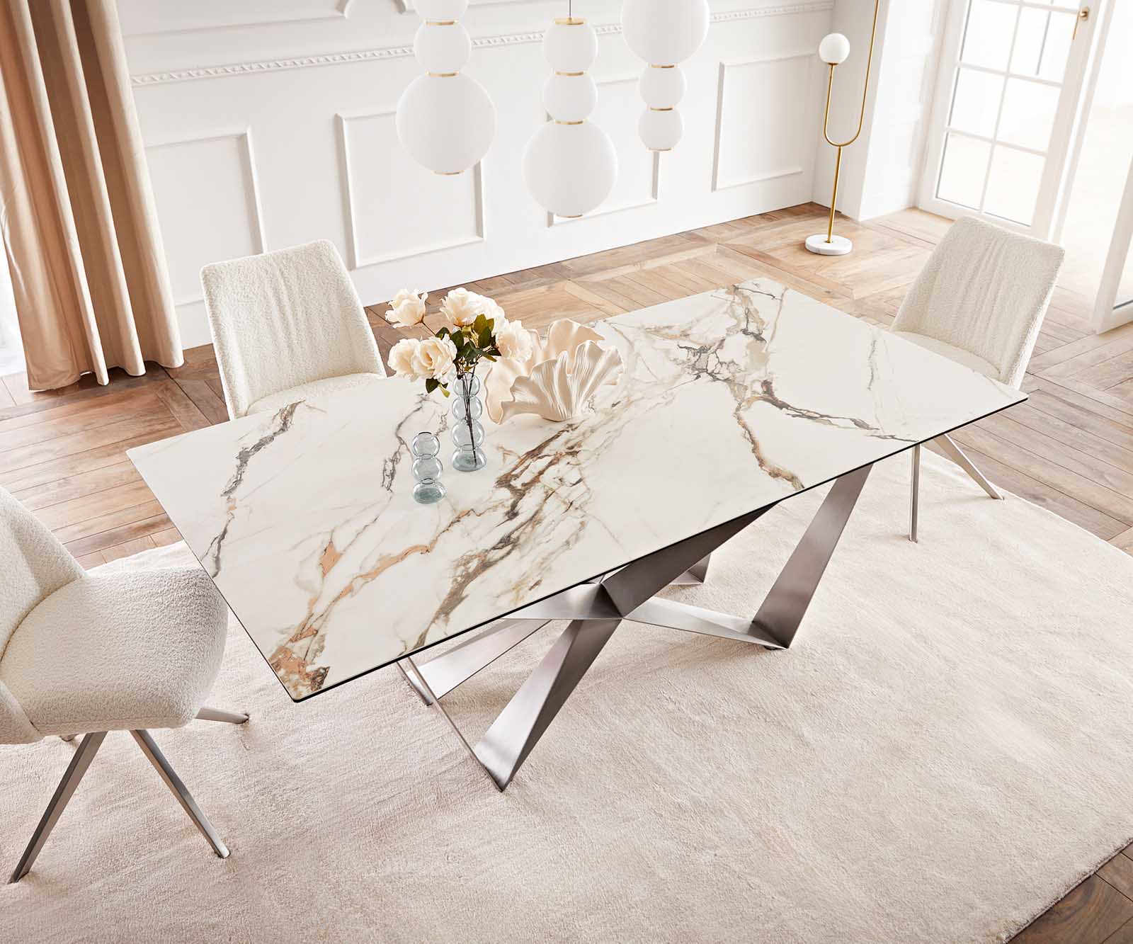 Eetkamertafel Edge 200x100 keramiek Calacatta Luxe wit-goud-grijs spider vlak staal RVS 5