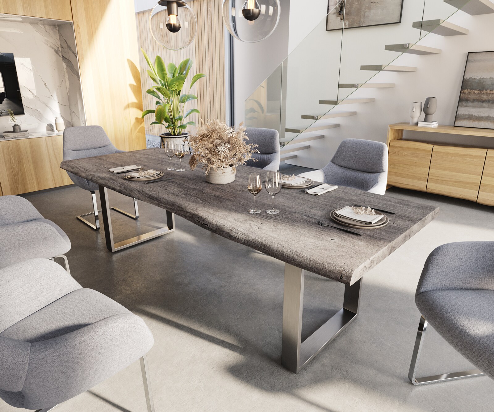 Eettafel Edge 260x100 XL acacia platina roestvrijstaal smal Live-Edge 1