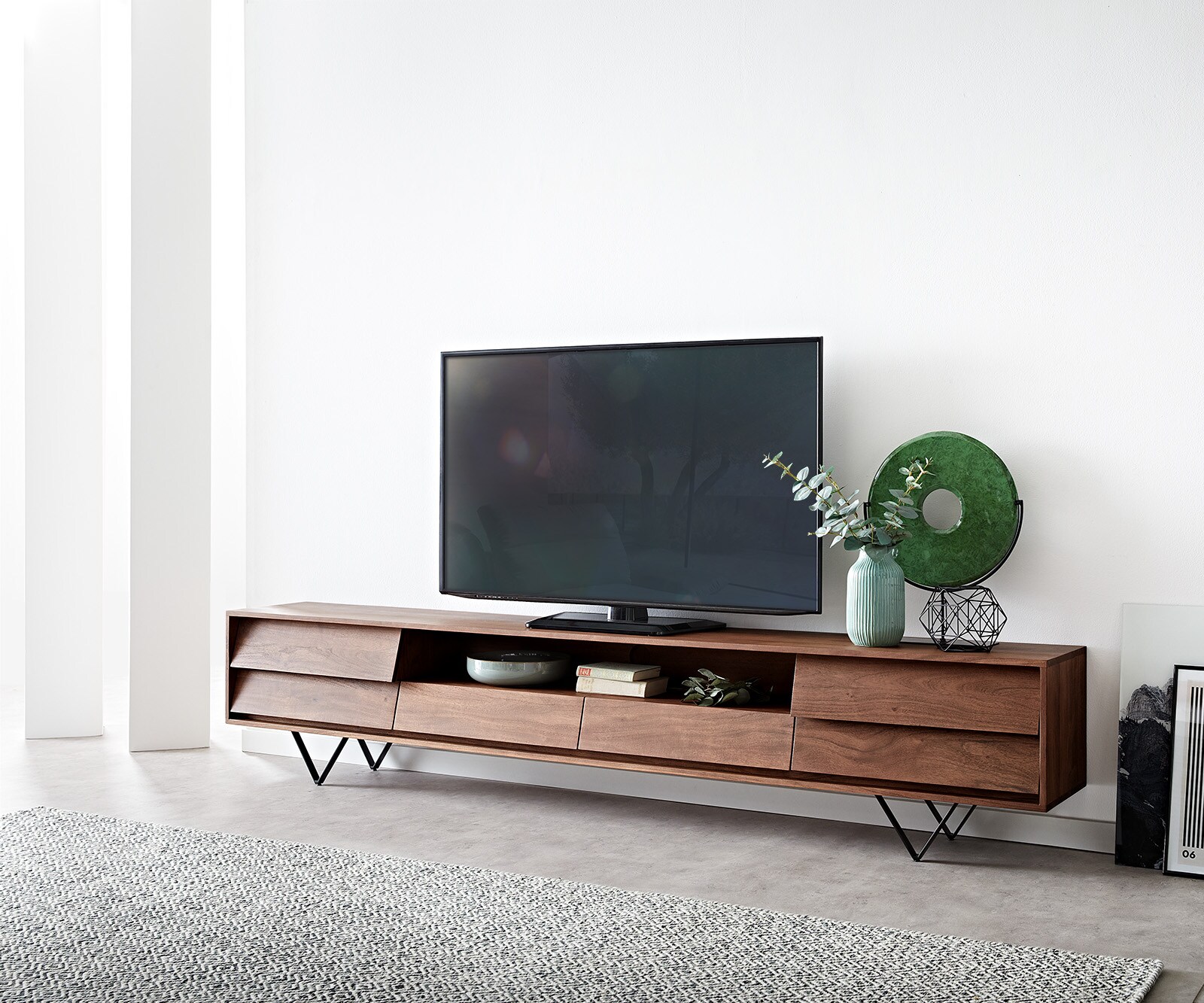 TV-Meubel Eloi Acacia Bruin 240x35 cm 2 Deuren 2 Laden V-Poot Zwart