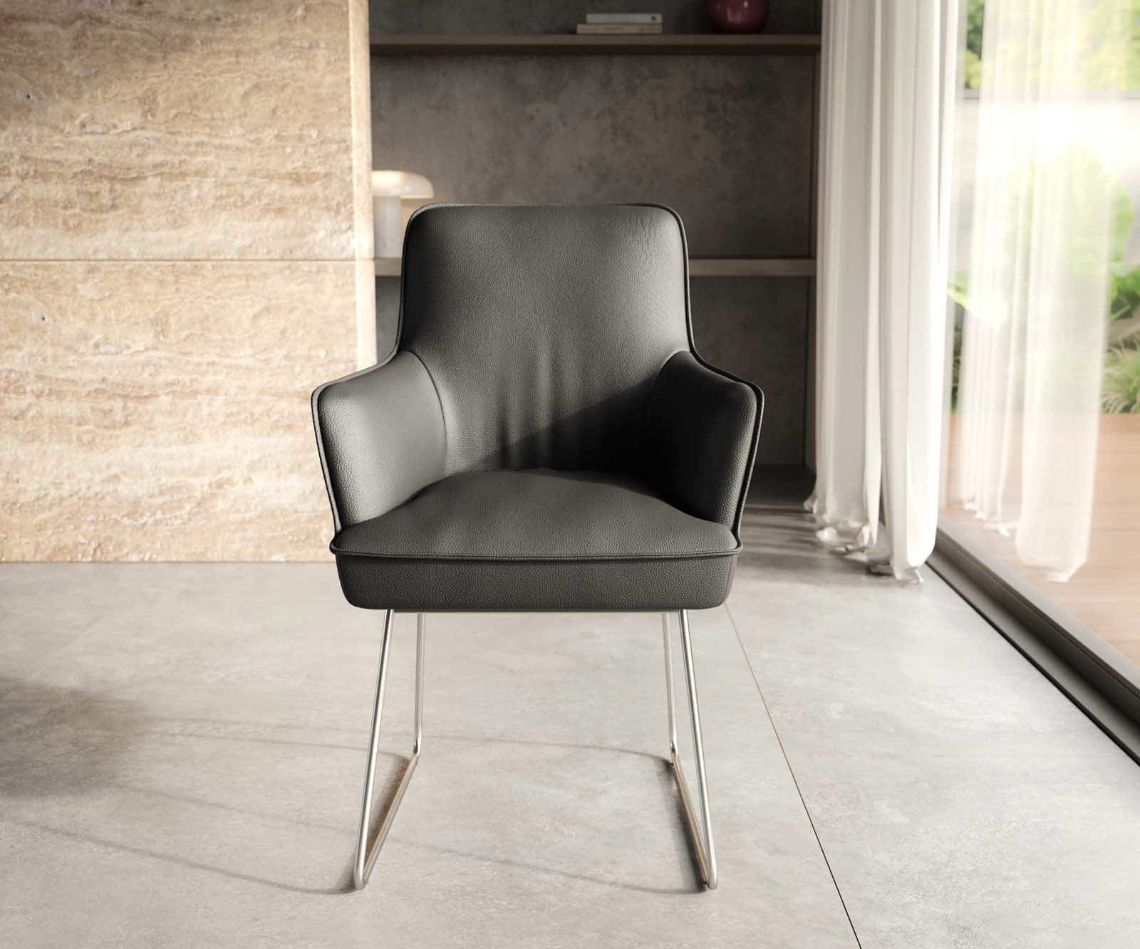 Eetkamerstoel Heira-Flex met armleuning echt leer zwart slipframe roestvrij staal pocketveer kern 1 Eetkamerstoel Heira-Flex met armleuning echt leer zwart slipframe roestvrij staal pocketveer kern 1