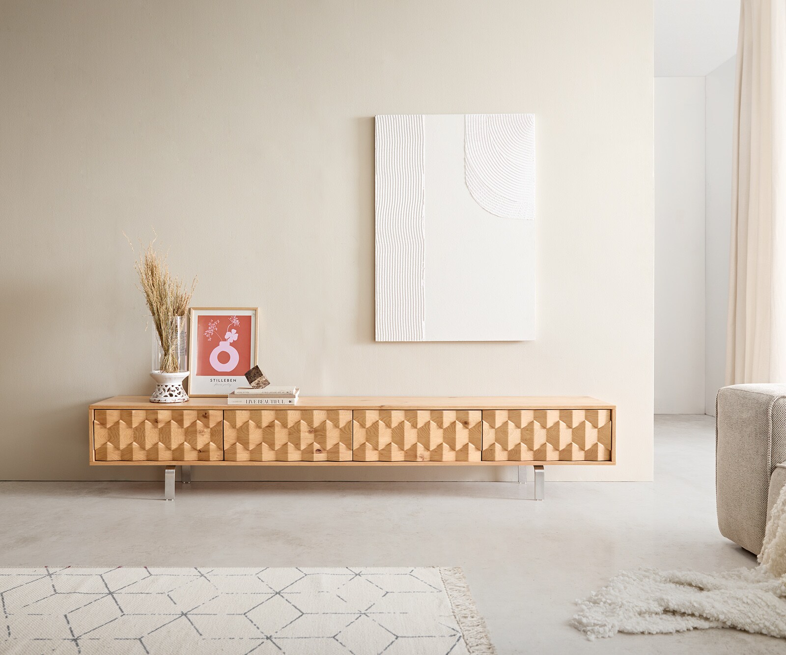 Tv-meubel Fevo 220 cm eiken natuur 4 laden L-onderstel rvs 1 Tv-meubel Fevo 220 cm eiken natuur 4 laden L-onderstel rvs 1