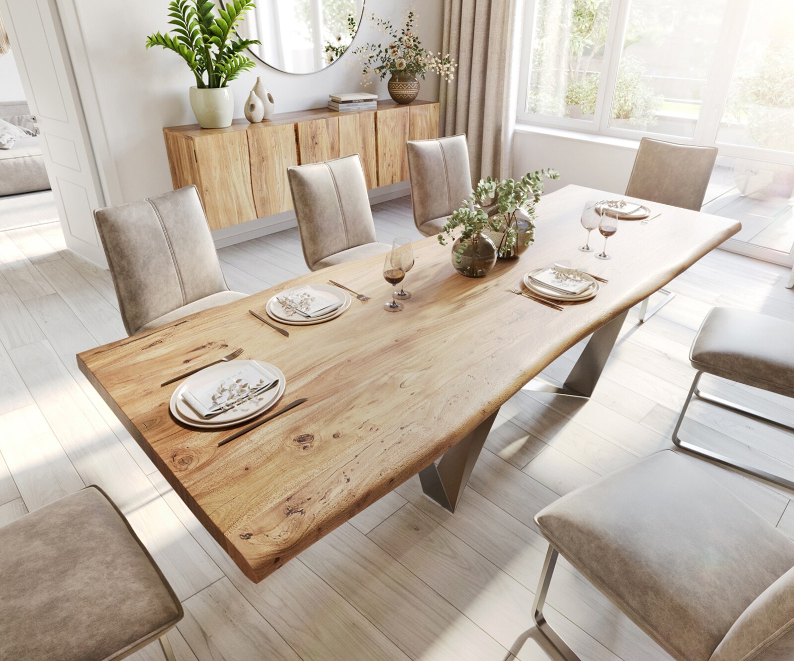 Eettafel Edge 280x100 XL acacia natuur Spider staal  roestvrij staal  Live-Edge 4