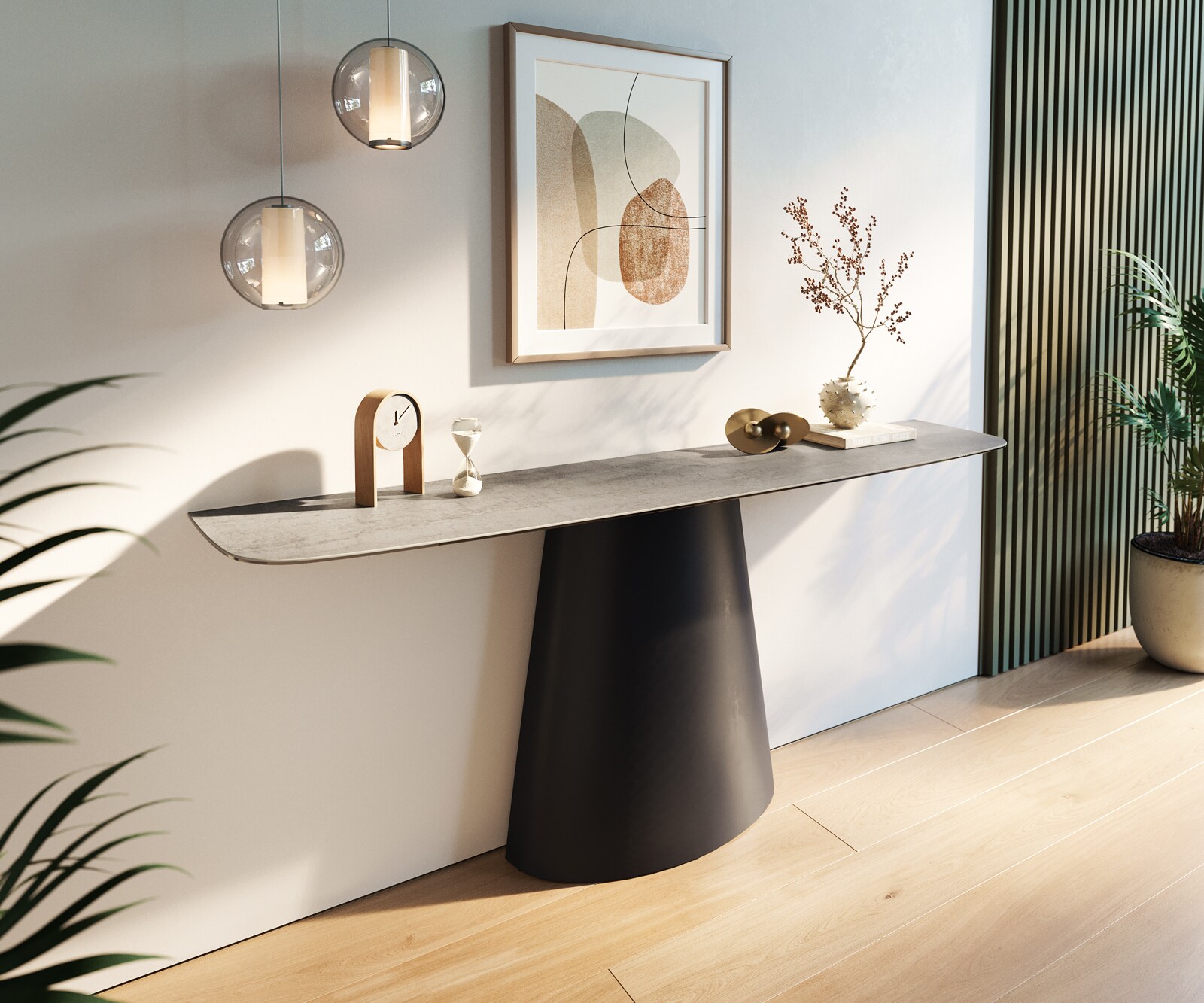 Consoletafel Edge Bootvorm 180x40 cm Keramiek Betongrijs Conos Metaal Zwart 1