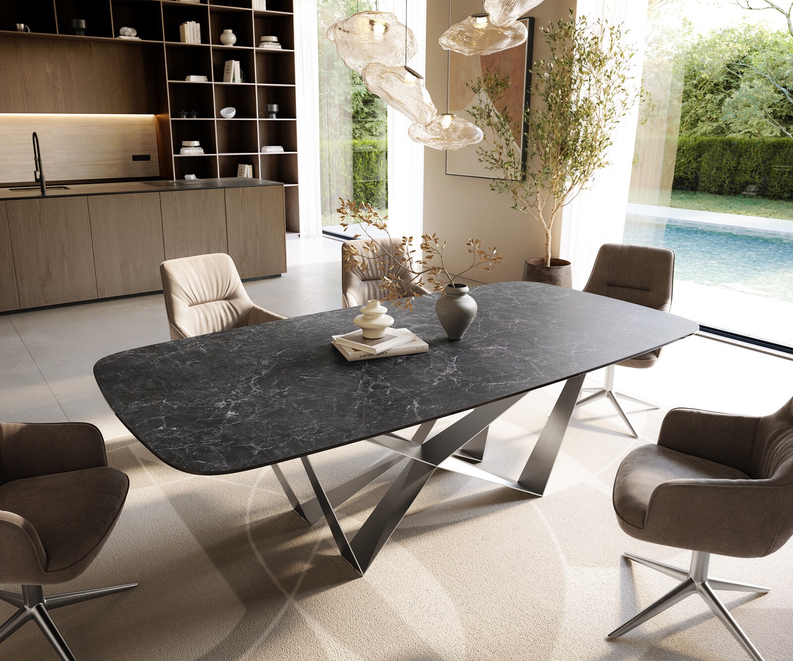 Eettafel Edge Boot 240x120 cm Keramiek Laminam® Nero Greco Anthrazit Spider Flachstahl Roestvrij staal
