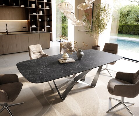 Eettafel Edge Boot 240x120 cm Keramiek Laminam® Nero Greco Anthrazit Spider Flachstahl Roestvrij staal