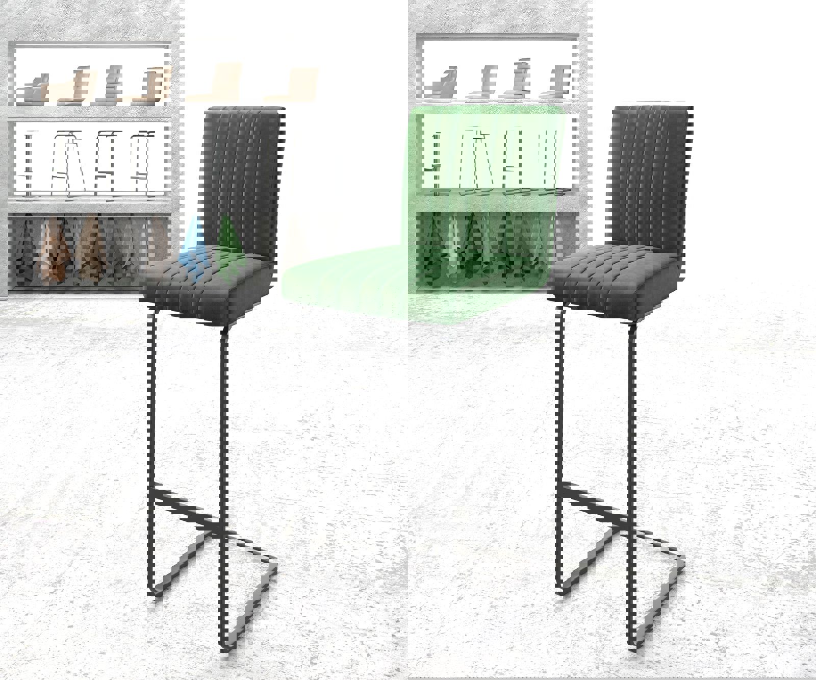 Barstoel Luiga-Flex fluweel groen sledestoel vlak metaal Barstoel Luiga-Flex fluweel groen sledestoel vlak metaal