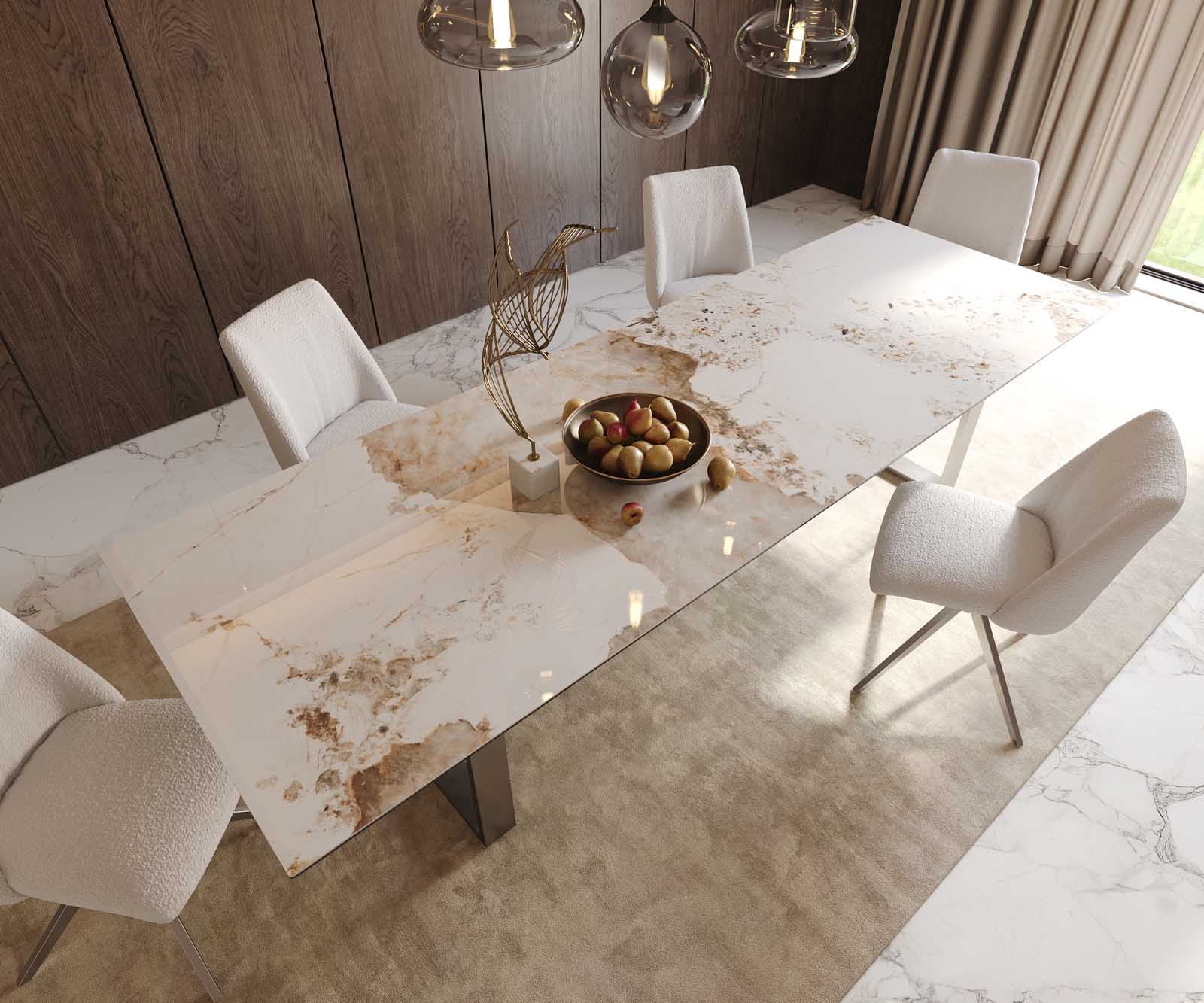 Eetkamertafel Edge 300x100 keramiek Minas Melange wit-beige RVS Schmal 5