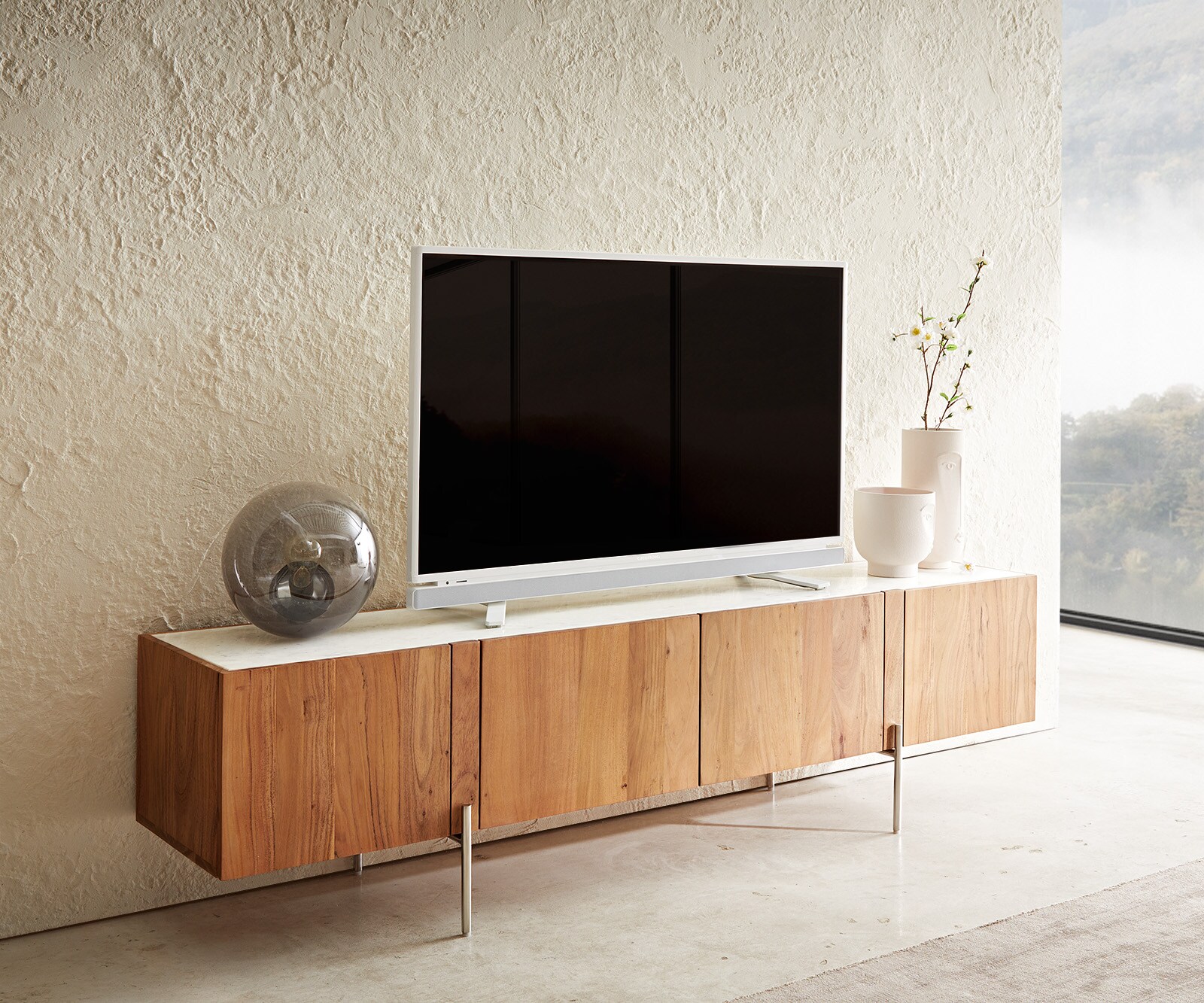 Tv-meubel Secara acacia marmeren blad witte 3