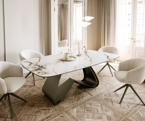 Eettafel Edge Boot 200x100 keramiek  Calacatta Luxe wit-goud-grijs W-frame metaal effectafwerking Titan