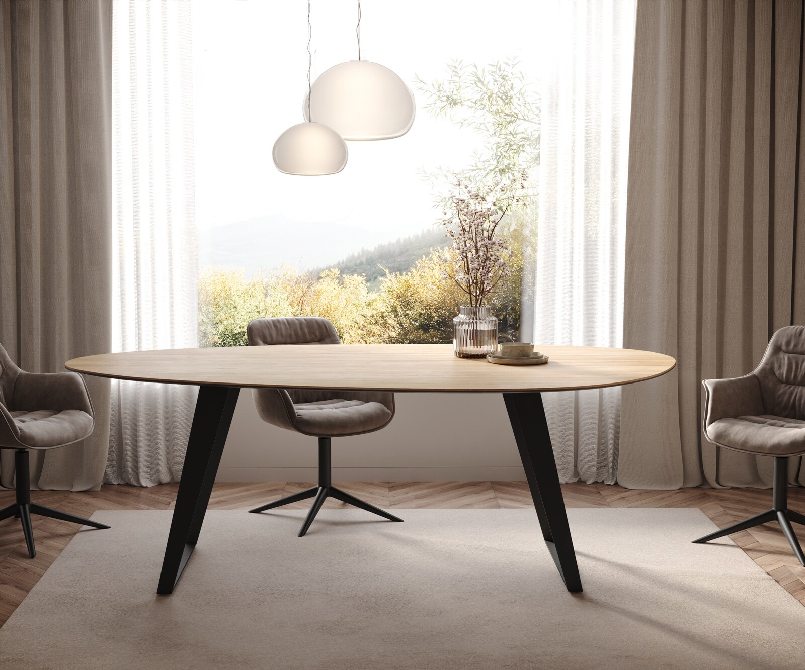 Eetkamertafel Edge Oval 220x120 cm Keramiek Laminam® Sabbia eikenkleurig Metaal Schuin Zwart 1