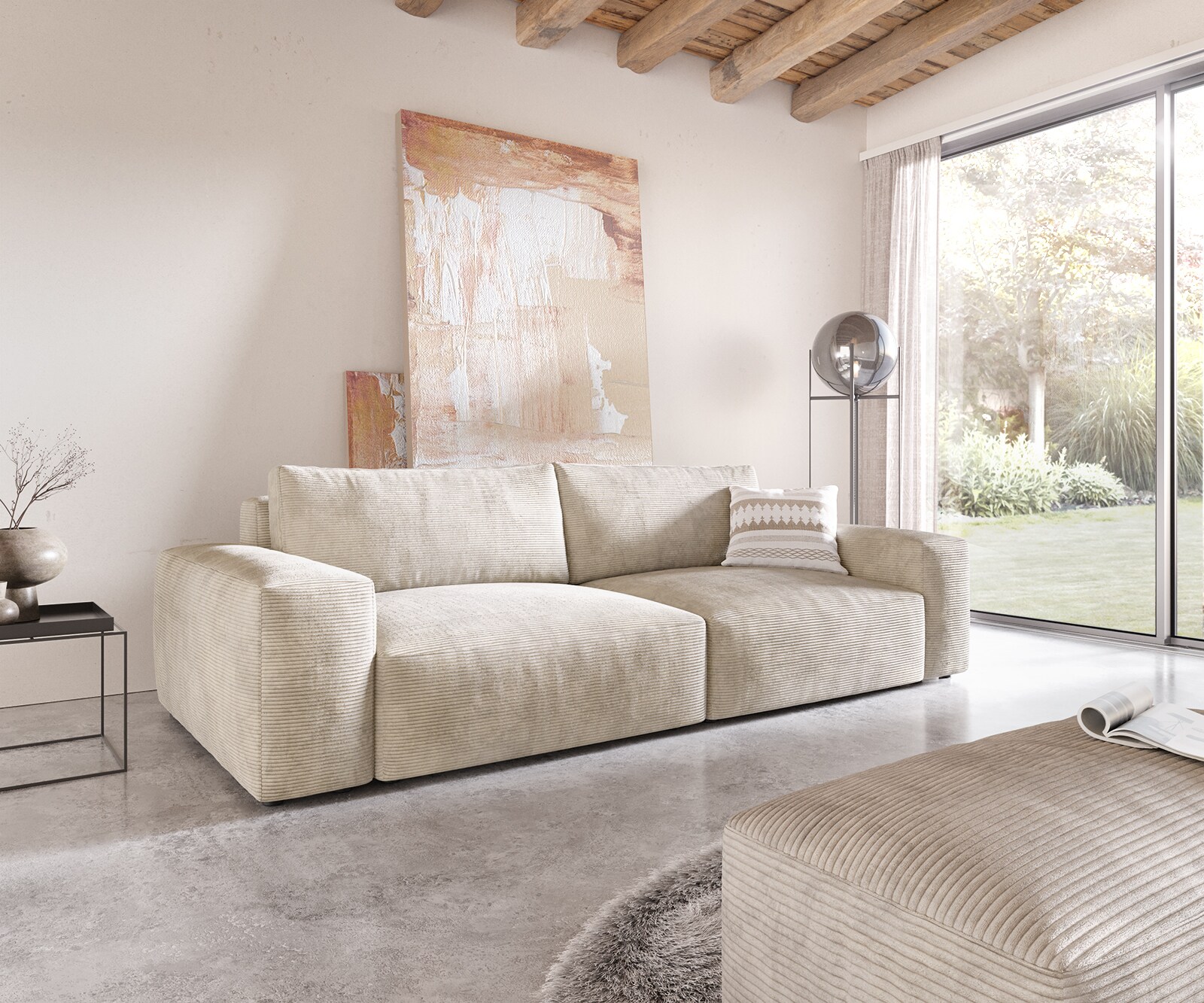 Big-sofa Lanzo XL 270x130 cm corduroy beige met poef