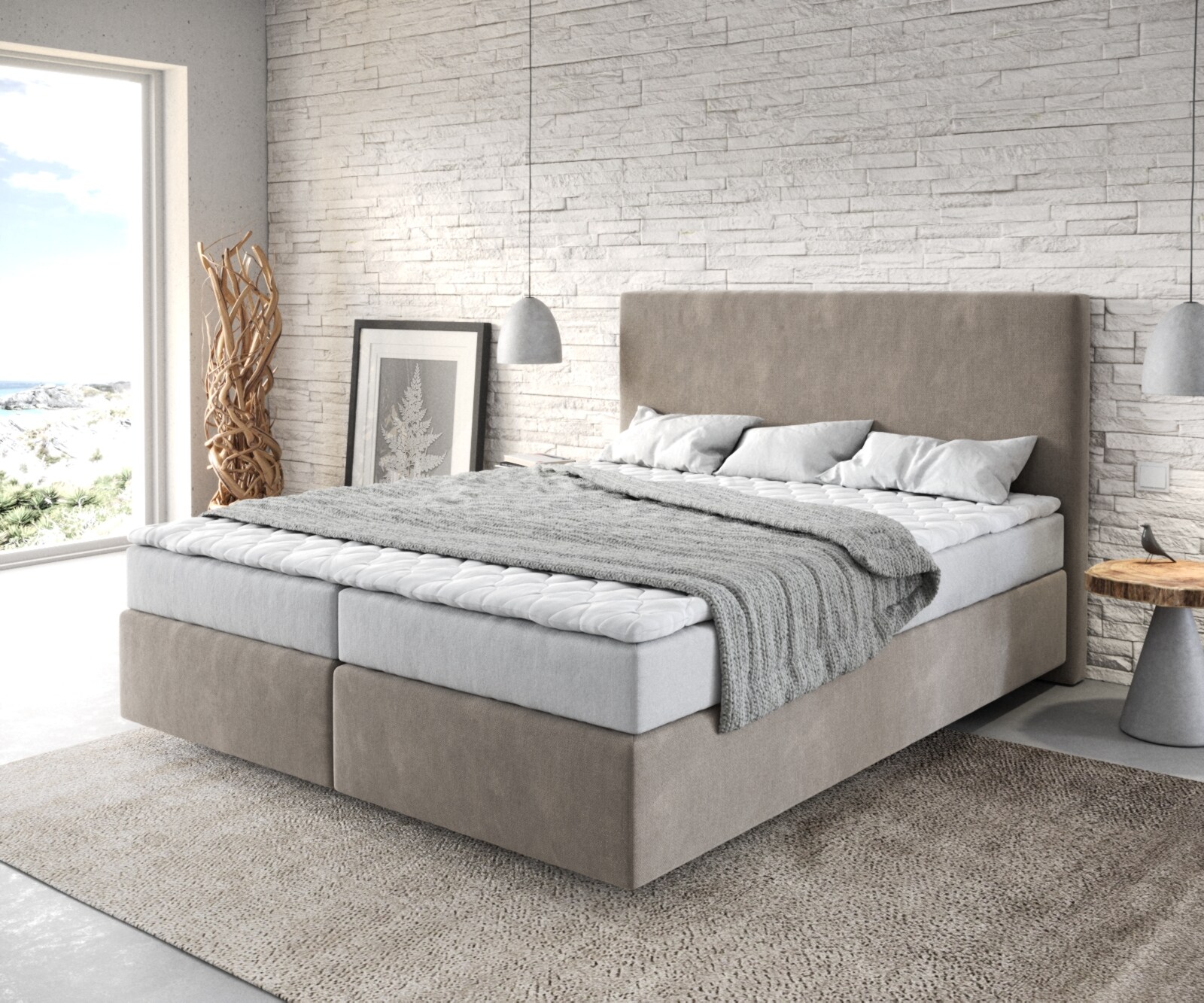 Boxspring-bed Dream-Well 160x200 cm Beige Microvezel stof