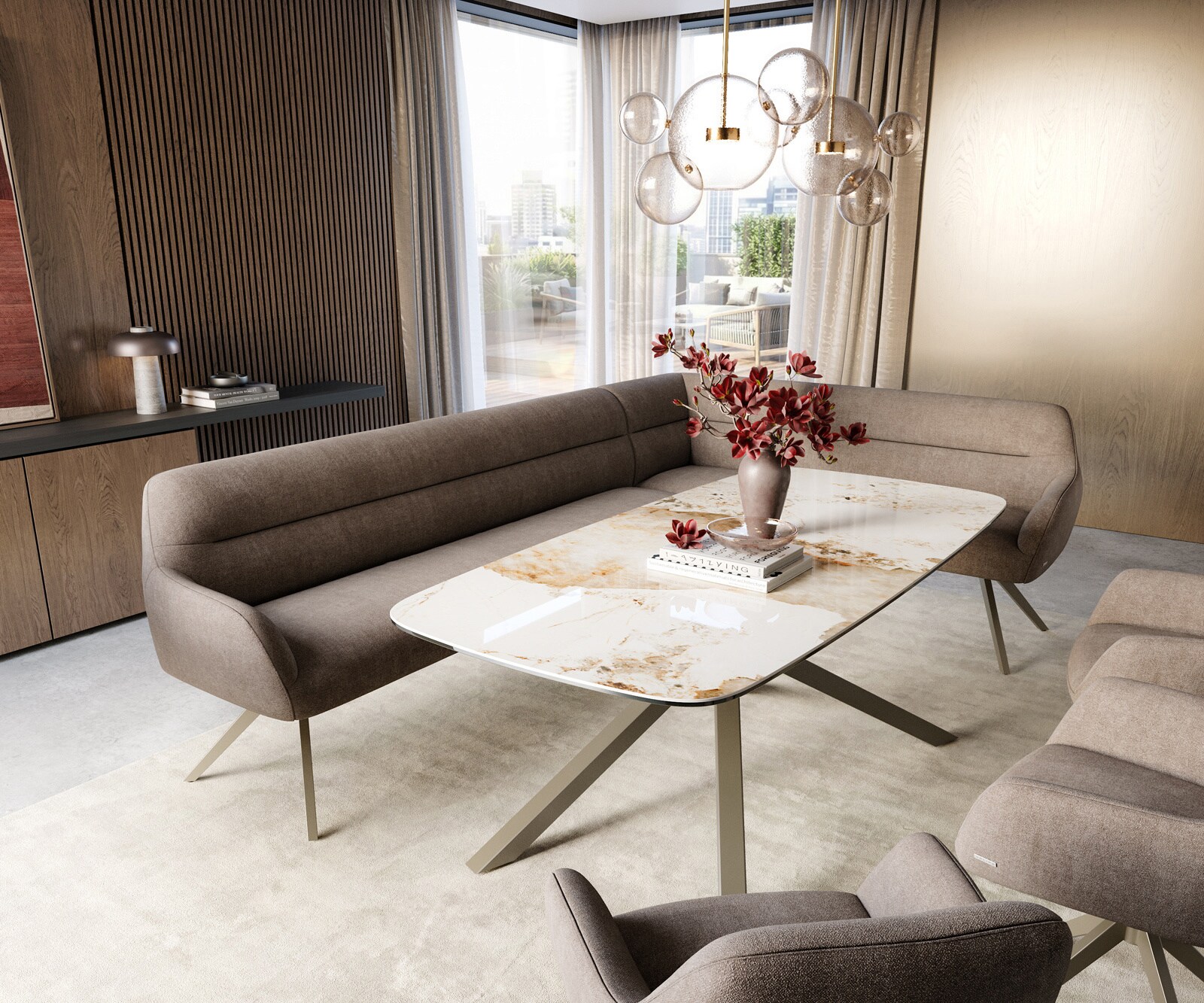 Eetkamerbank Taya-Flex 285x190 cm zachte stof met structuur taupe hoekig kruisframe afwerking met titaniumeffect pocketvering links