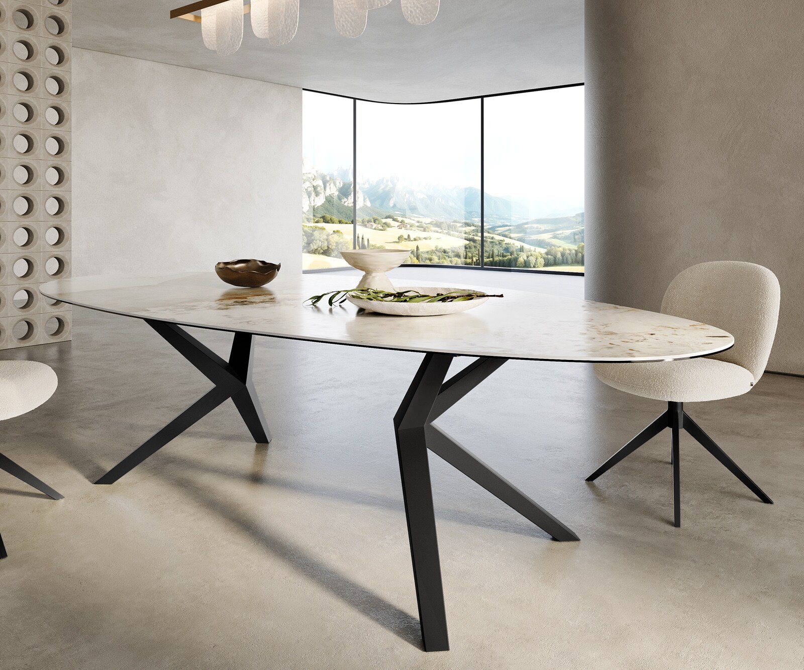 Eetkamertafel Edge ovaal 280x130 keramiek Minas Melange wit-Beige Zenthara hoekig metaal zwart 6