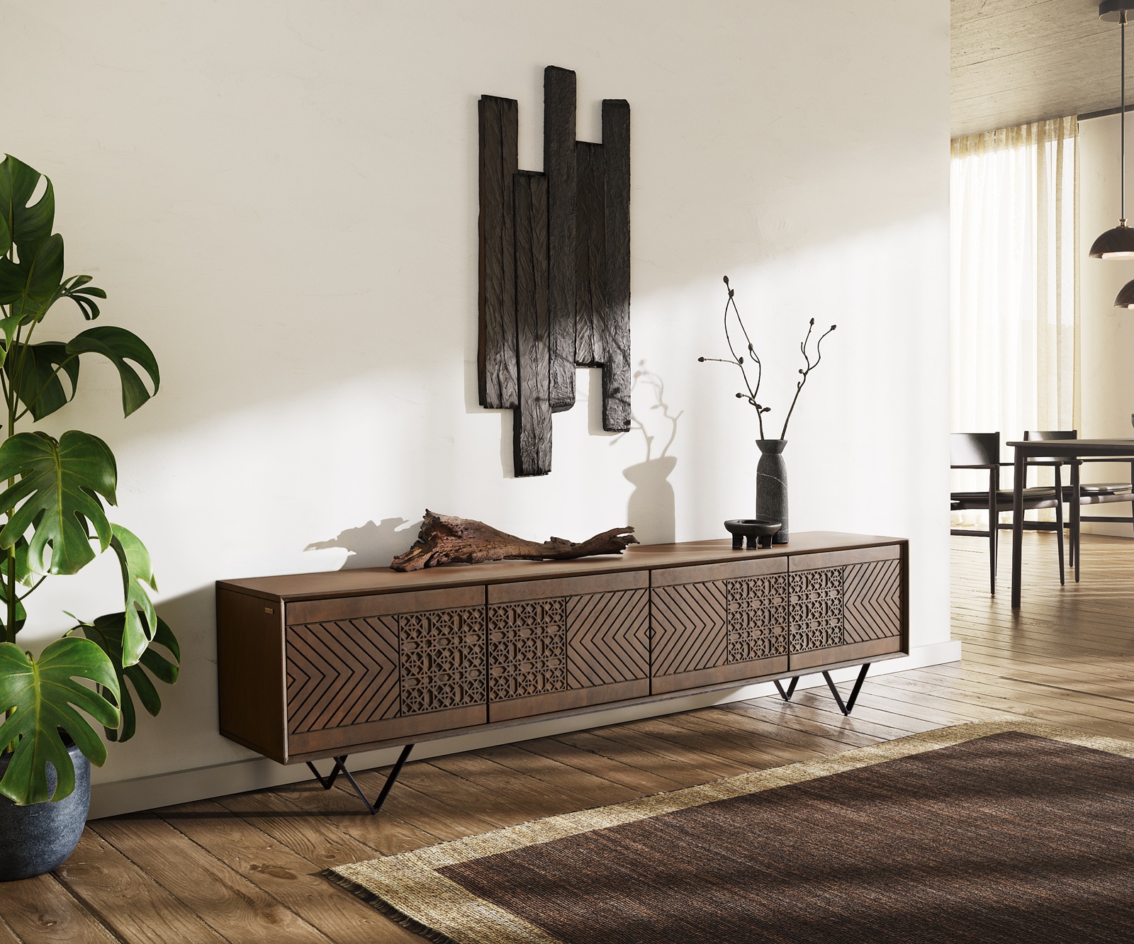 TV-meubel Manjula 200 cm mango bruin 4 deuren V-poot metaal zwart TV-meubel Manjula 200 cm mango bruin 4 deuren V-poot metaal zwart