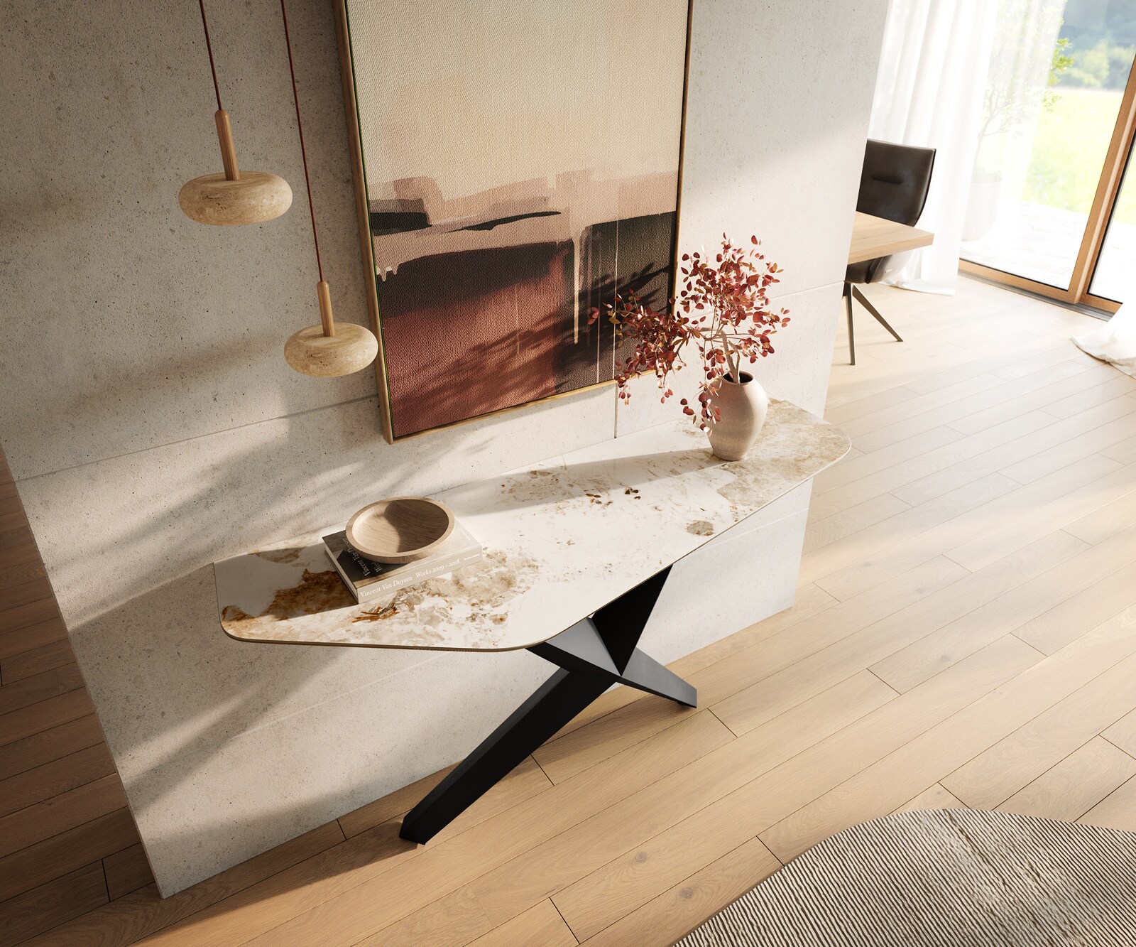 Consoletafel Edge Polygonaal 140x50 cm Keramiek Minas Melange Weiß-Beige Zentharo Metaal Zwart 2