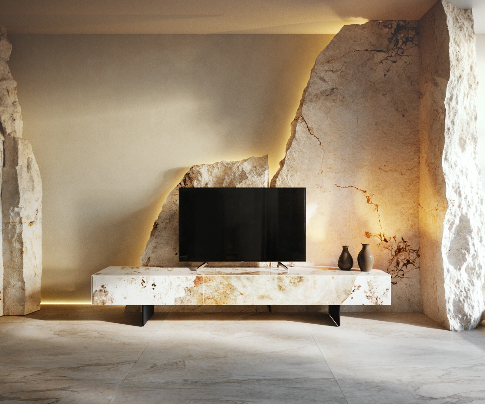Tv-meubel Cuor 200 cm Keramiek Minas Melange Wit-beige 1 Flap 1 Lade Zwevende voet look Metaal Zwart