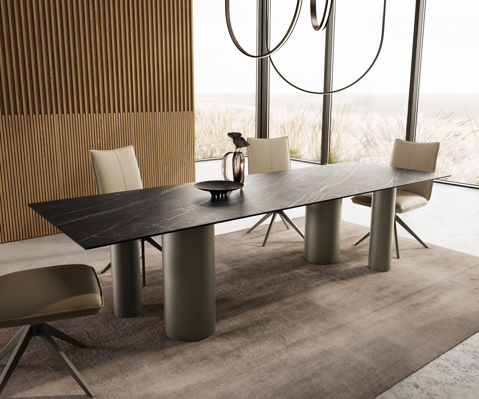 Eetkamertafel Edge 300x100 keramiek Laminam®Noir Desir bruin Pilier metaal effectafwerking titaan