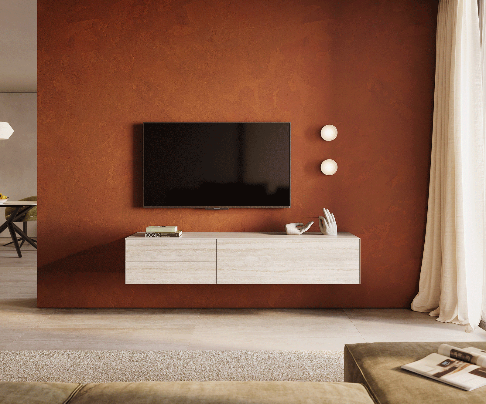 Tv-meubel Cuor 180 cm Keramiek Laminam® Travertino Bianco Crème-wit 1 Flap 2 Laden Zwevend 1